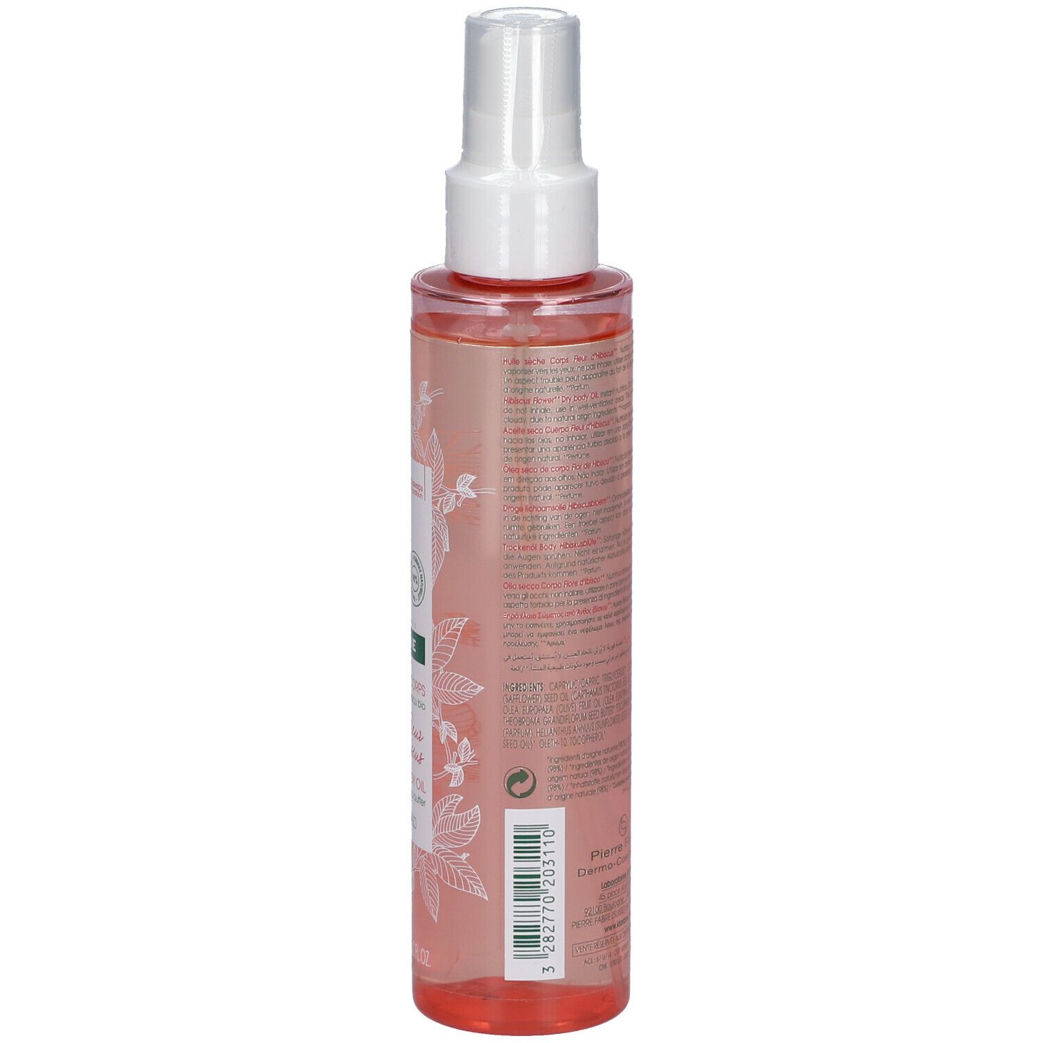 Vue arrière d'un flacon spray transparent avec tête blanche. Texte sur l'étiquette. Liquide rose visible.