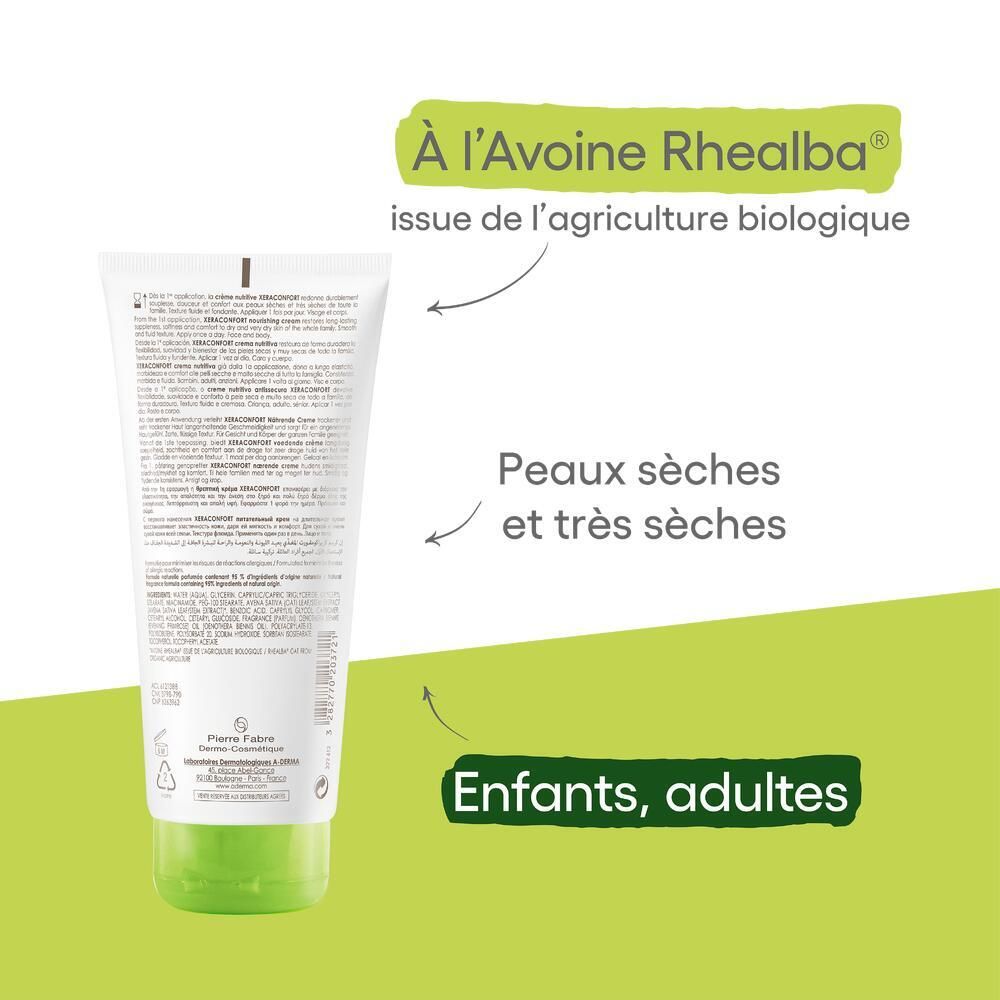 Dos du tube avec texte et annotations vertes. Contient Avoine Rhealba bio. Pour peaux sèches, enfants et adultes.