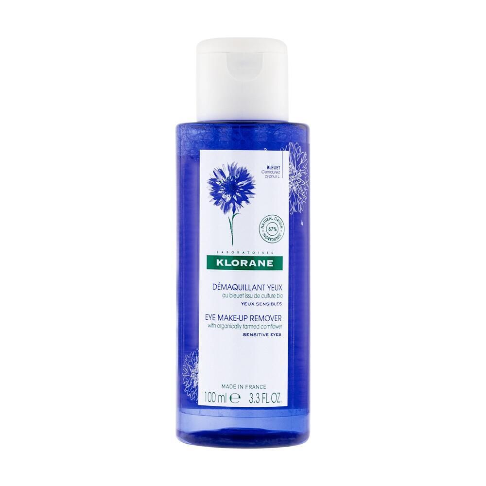 Flacon bleu avec bouchon blanc. Inscription: KLORANE Démaquillant yeux au Bleuet BIO. 100 ml.