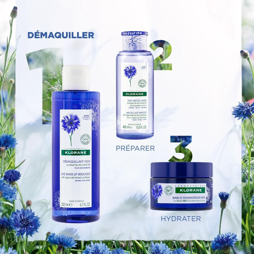 Trois produits: démaquillant yeux, eau micellaire et crème yeux. Logo de la marque KLORANE.