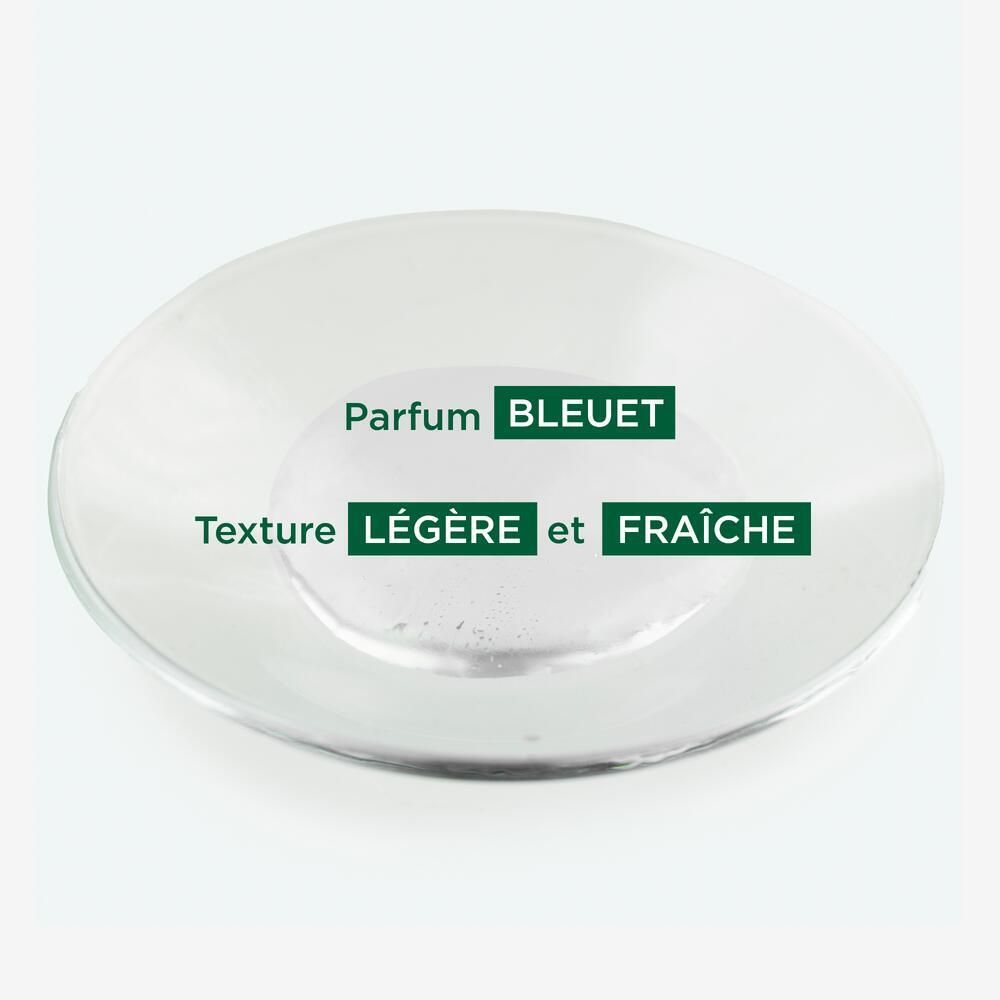 Plaque de verre avec texte: Parfum Bleuet, Texture légère et fraîche.