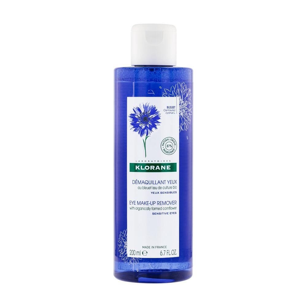 Blau-transparente Flasche mit weißem Deckel. Aufschrift: KLORANE, Augen-Make-up-Entferner, Bio-Kornblume. 200ml.