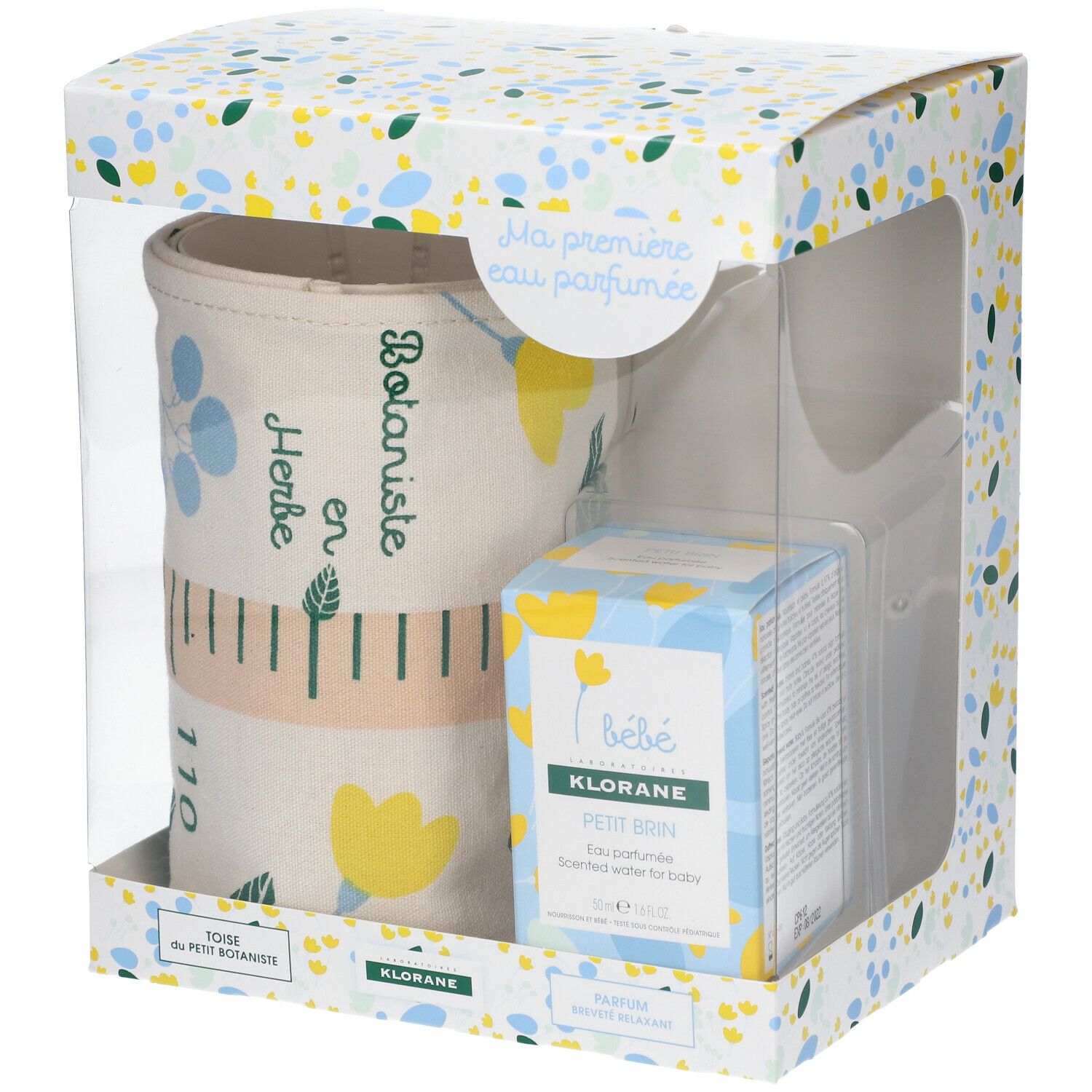 Coffret cadeau avec rouleau en tissu et Klorane Bébé Petit Brin Eau parfumée. Boîte avec fenêtre transparente.