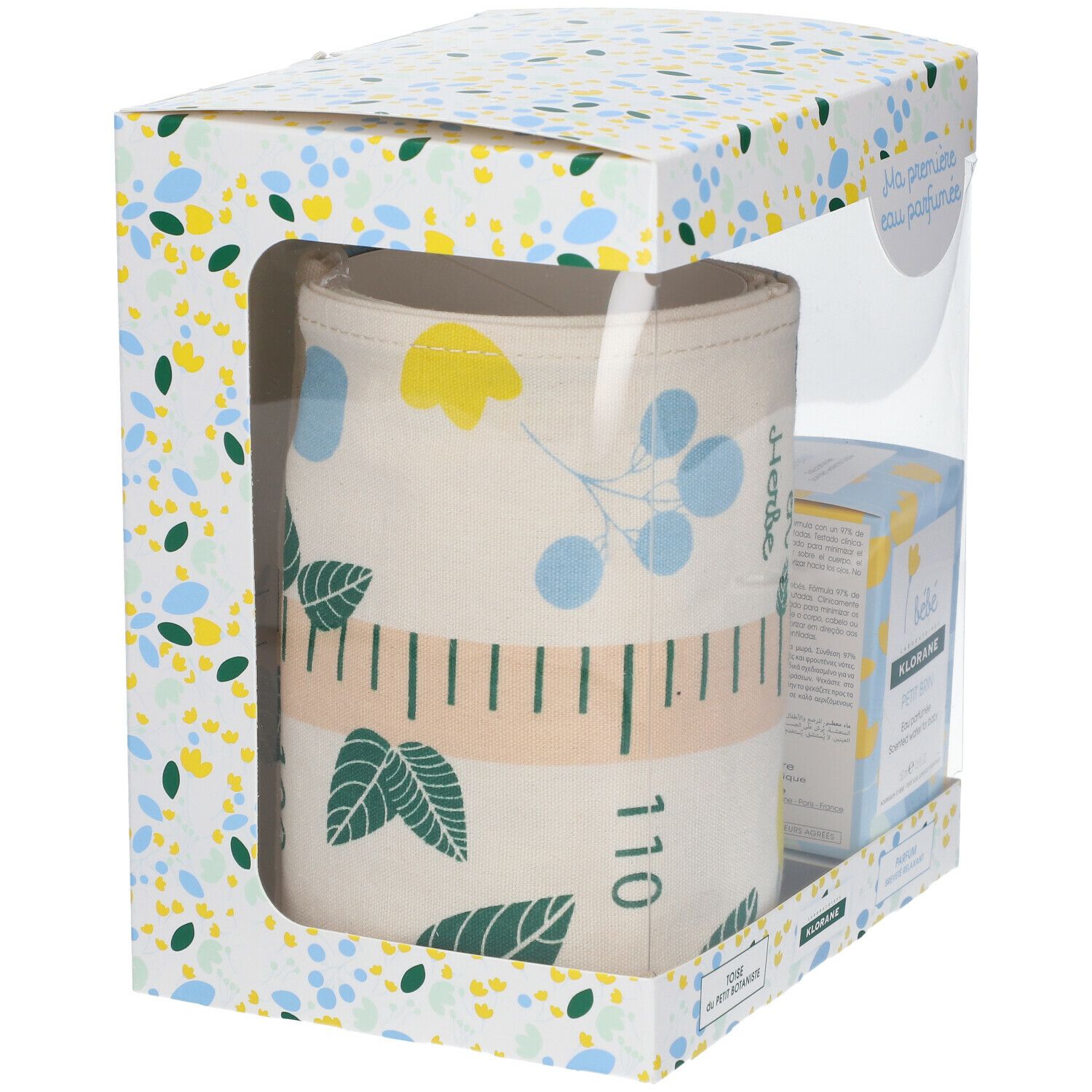Coffret cadeau avec rouleau en tissu et Klorane Bébé Petit Brin Eau parfumée. Boîte avec fenêtre transparente.