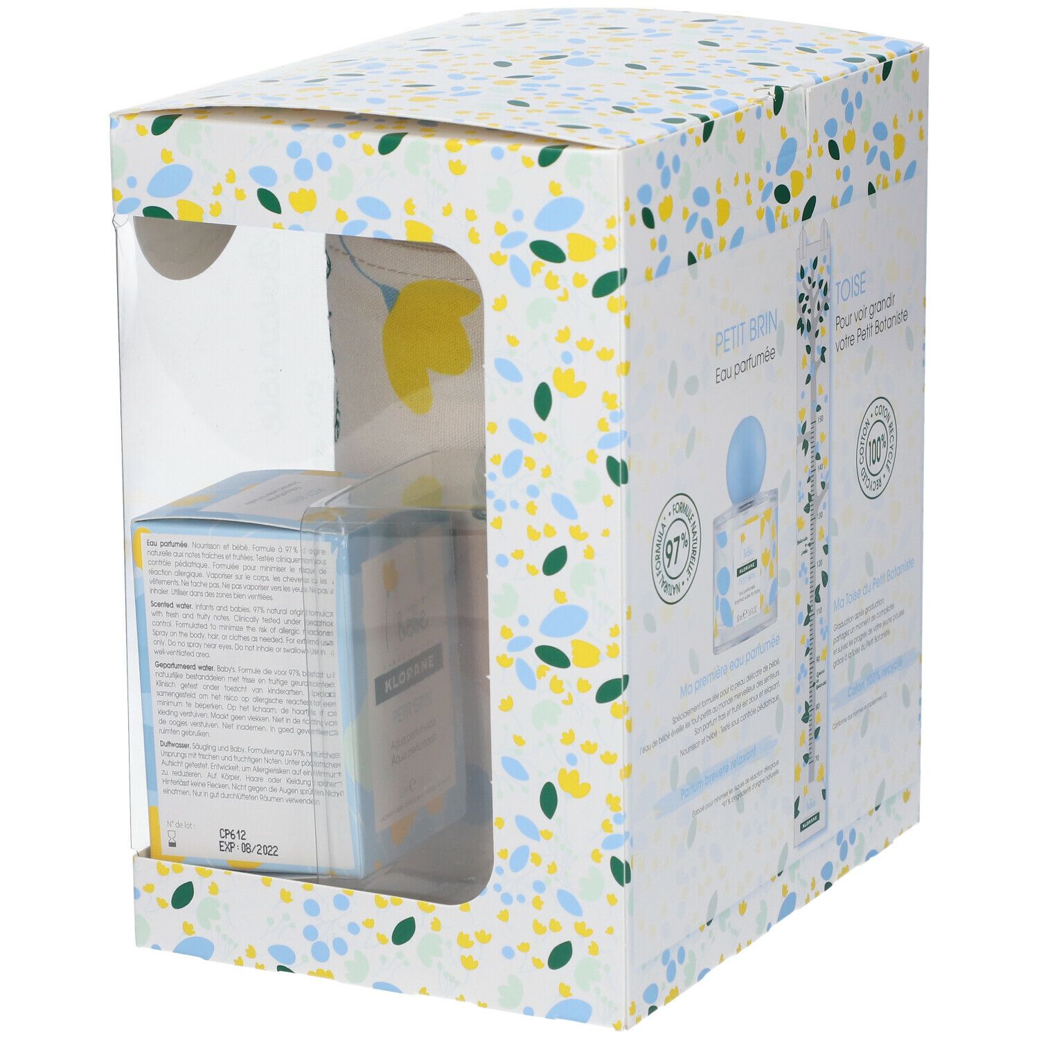 Vue arrière du coffret cadeau Klorane Bébé Petit Brin Eau parfumée. Boîte à motifs floraux et fenêtre transparente.