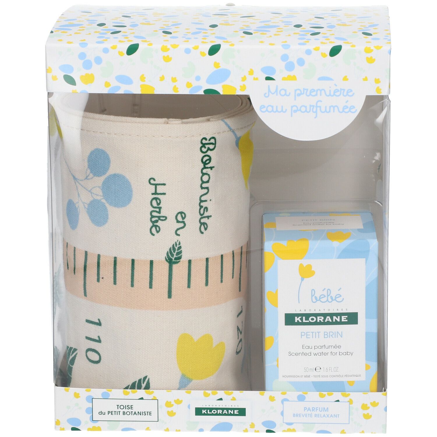 Coffret cadeau avec rouleau en tissu et Klorane Bébé Petit Brin Eau parfumée. Boîte avec fenêtre transparente.