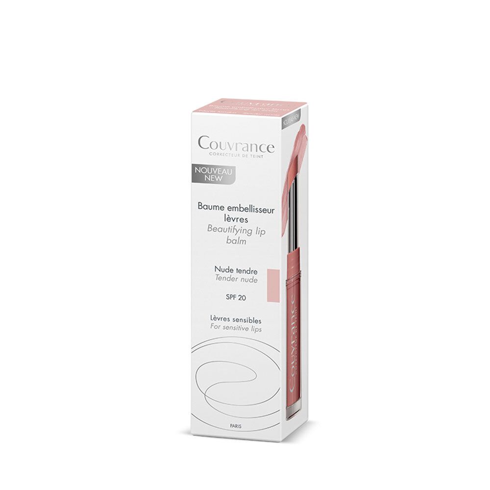 Baume à lèvres Avene Couvrance en boîte. Boîte blanche avec informations et image du produit.