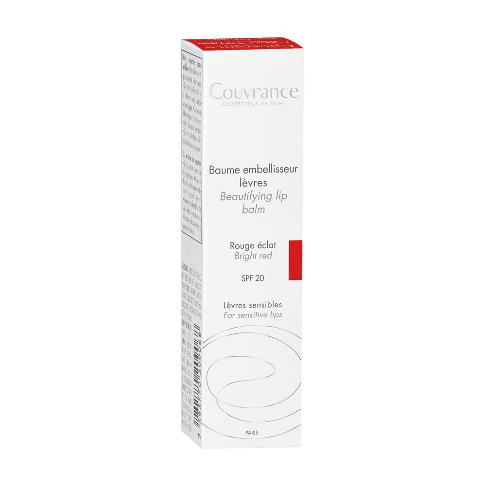 Emballage de baume à lèvres. Blanc avec accent rouge. Texte: Baume embellisseur lèvres, Rouge éclat, SPF 20.