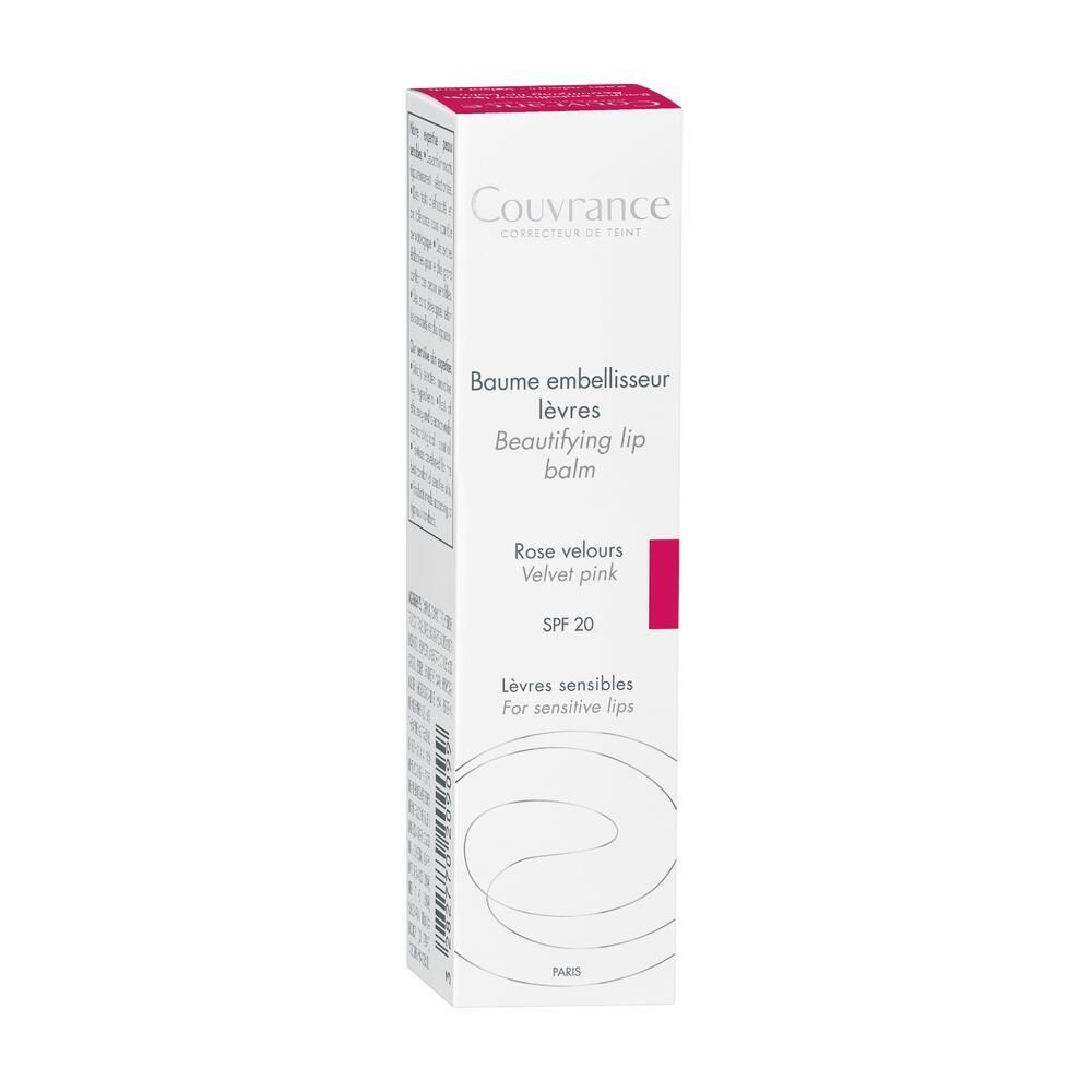 Emballage carton pour baume à lèvres. Texte: Baume embellisseur lèvres, Rose velours, SPF 20.