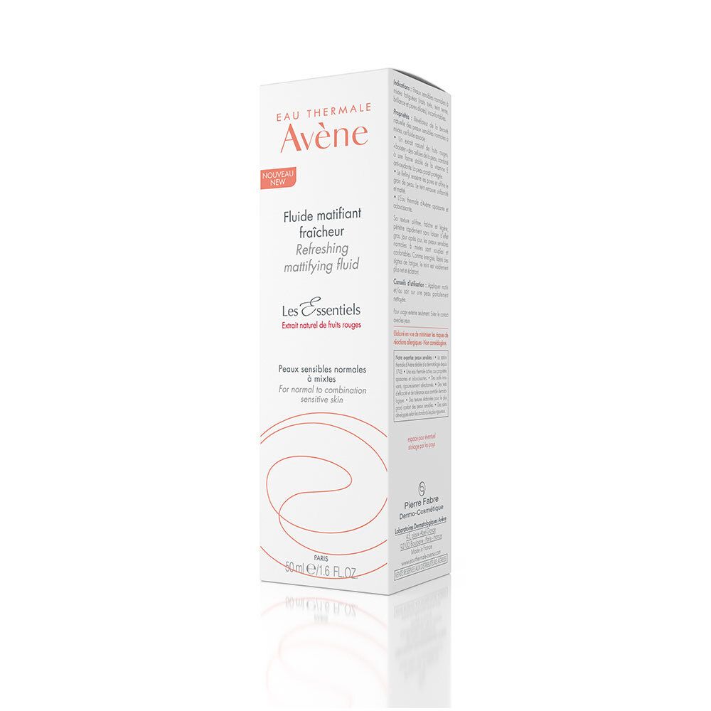Kartonverpackung mit Produktinformationen. Aufschrift: Eau Thermale Avène, Fluide matifiant fraîcheur.