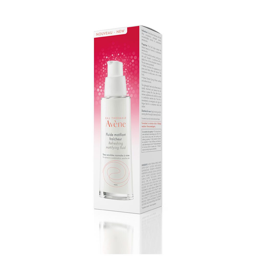 Produktflasche und Verpackung. Aufschrift: Eau Thermale Avène, Fluide matifiant fraîcheur. Neu-Etikett.