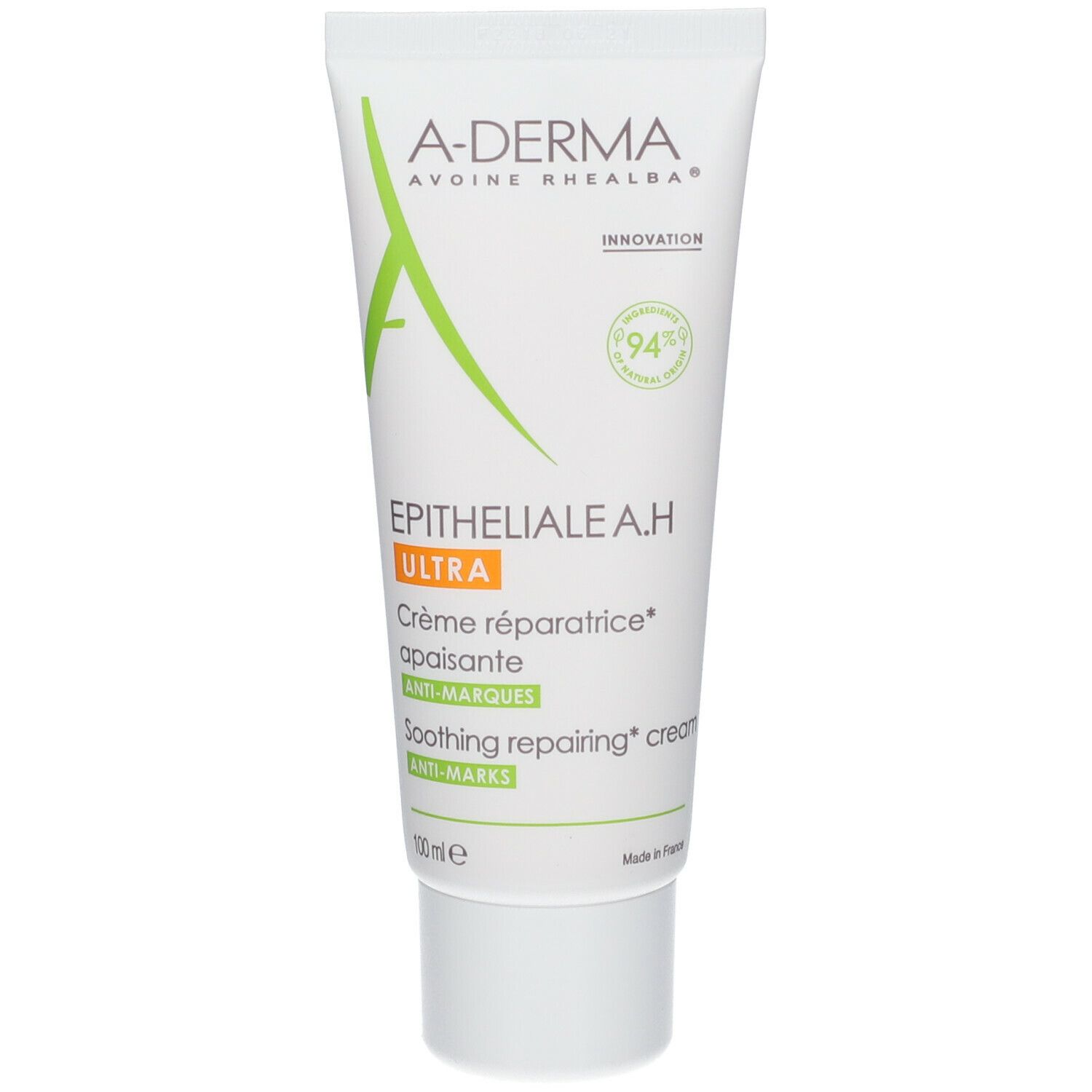 A-DERMA Epitheliale A.H Ultra Creme. Weiße Tube mit grünen und orangen Akzenten. Text: 'Soothing repairing cream'.