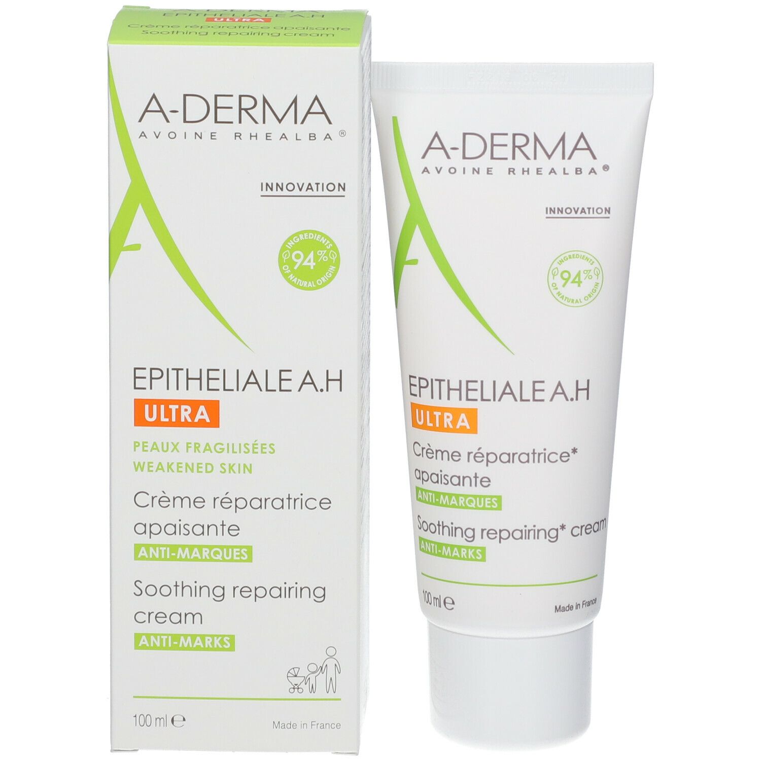 A-DERMA Epitheliale A.H Ultra Creme und Verpackung. Weiße Tube und Schachtel. Text: 'Crème réparatrice'.