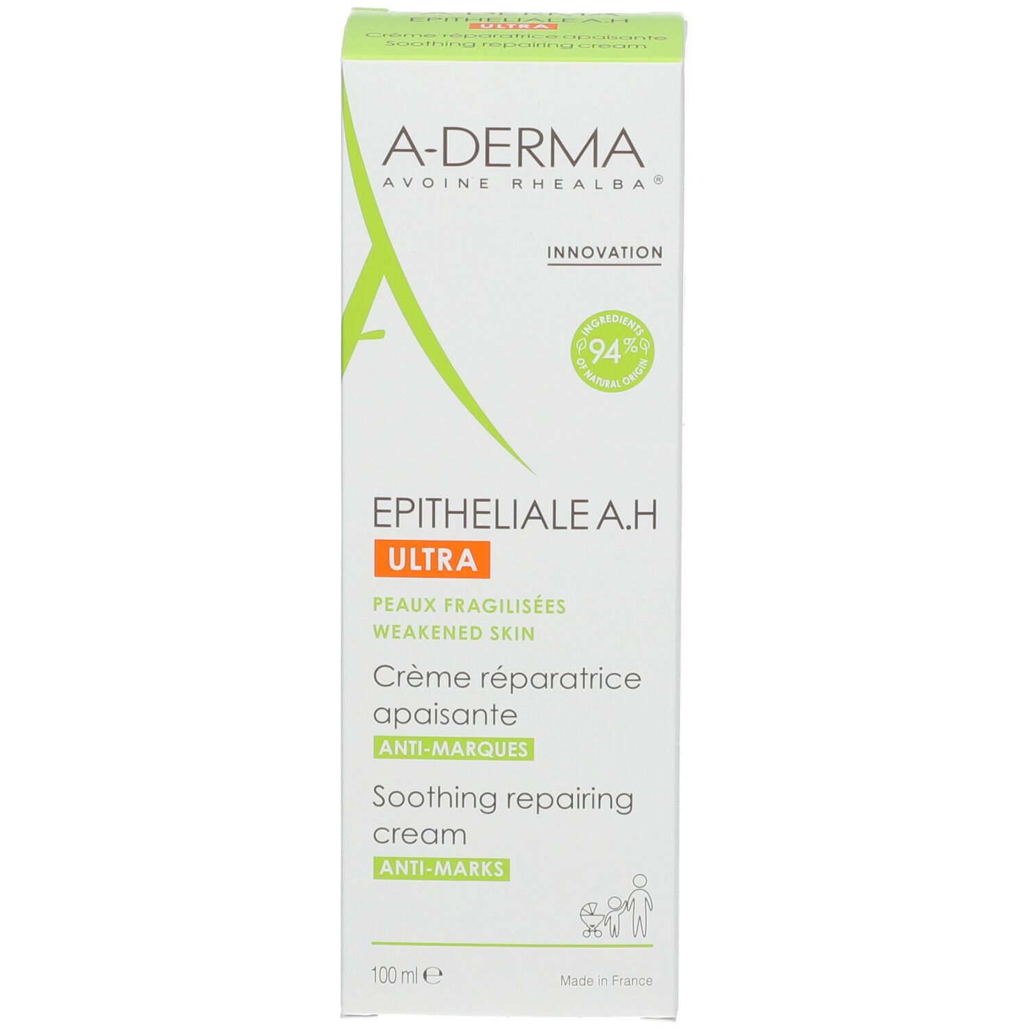 A-DERMA Epitheliale A.H Ultra Verpackung. Weiße Schachtel mit grünen und orangen Akzenten. Text: 'Crème réparatrice'.
