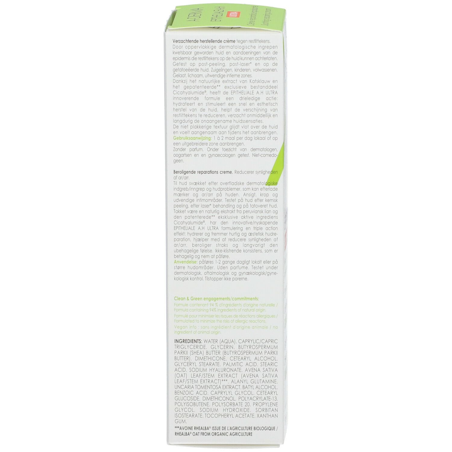 Rückseite der A-DERMA Epitheliale A.H Ultra Verpackung. Mehrsprachiger Text. Inhaltsstoffe.