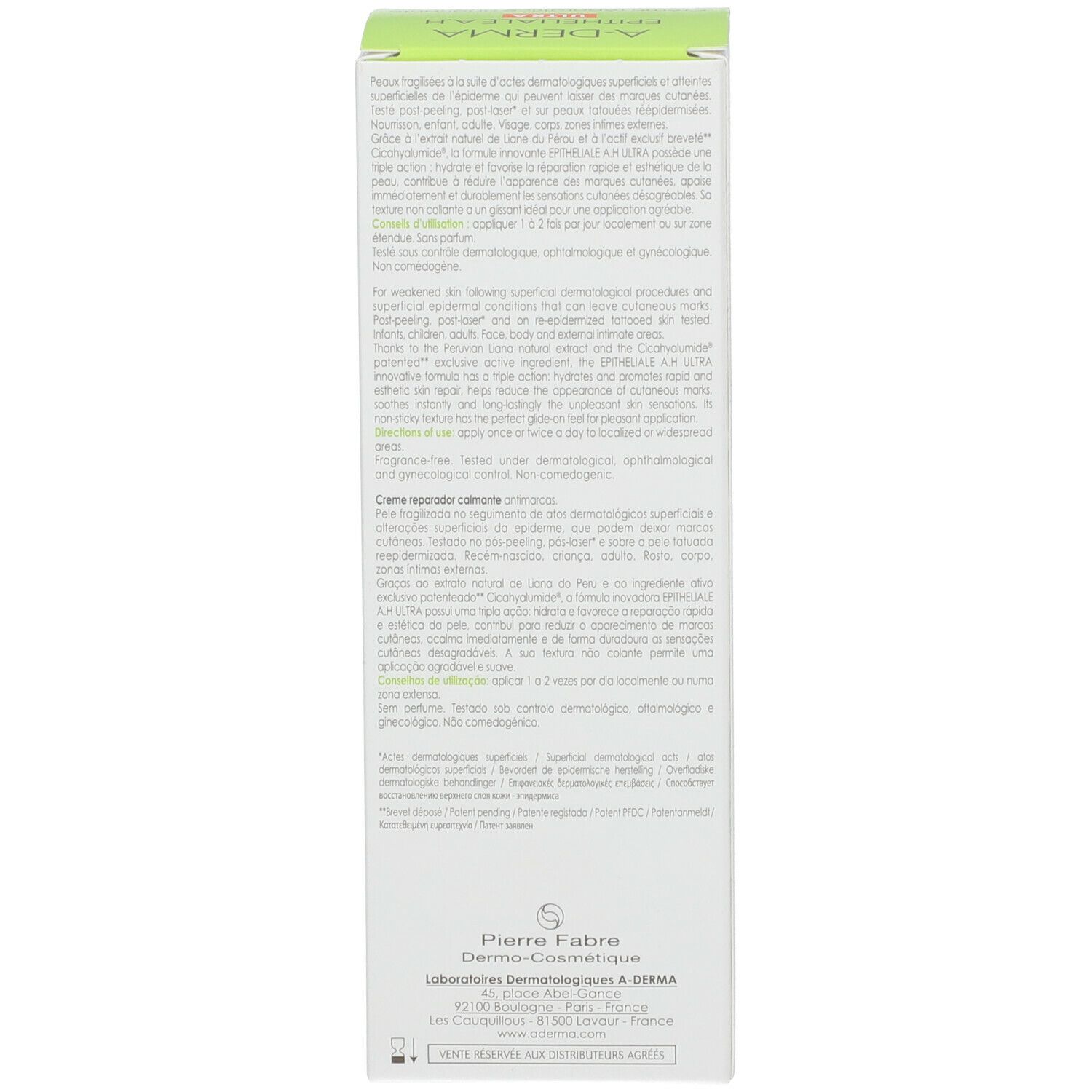 Seite der A-DERMA Epitheliale A.H Ultra Verpackung. Mehrsprachiger Text. Herstellerinformationen.