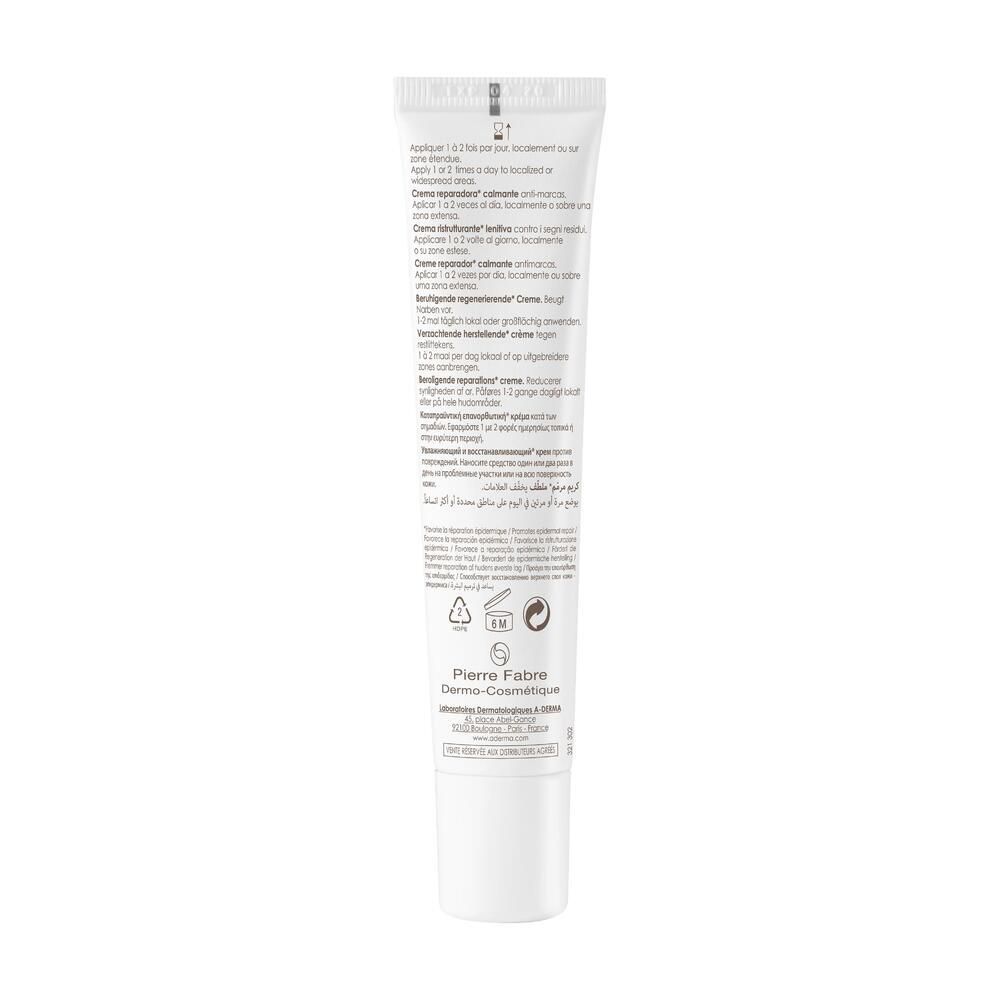 Dos du tube de crème avec texte. Contient des informations sur le produit et le fabricant.