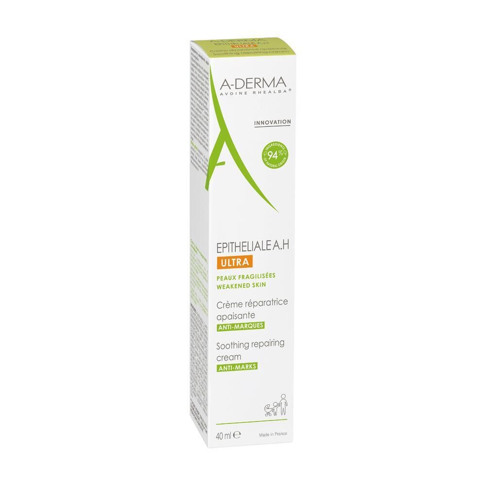 Emballage du produit. Boîte avec nom et logo du produit. Contient 40ml. Blanc avec accents verts et orange.
