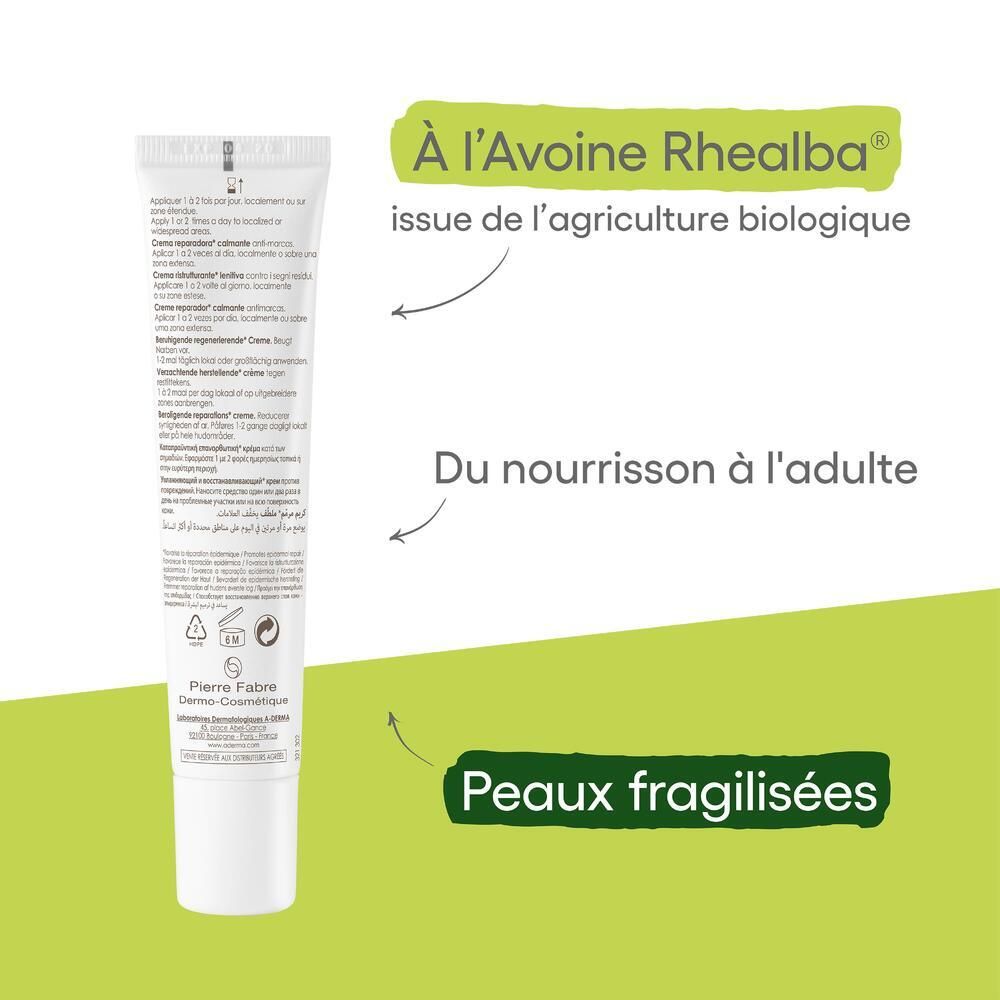 Gros plan du tube de crème. Texte et flèches indiquent les ingrédients et la cible : bébé à adulte.