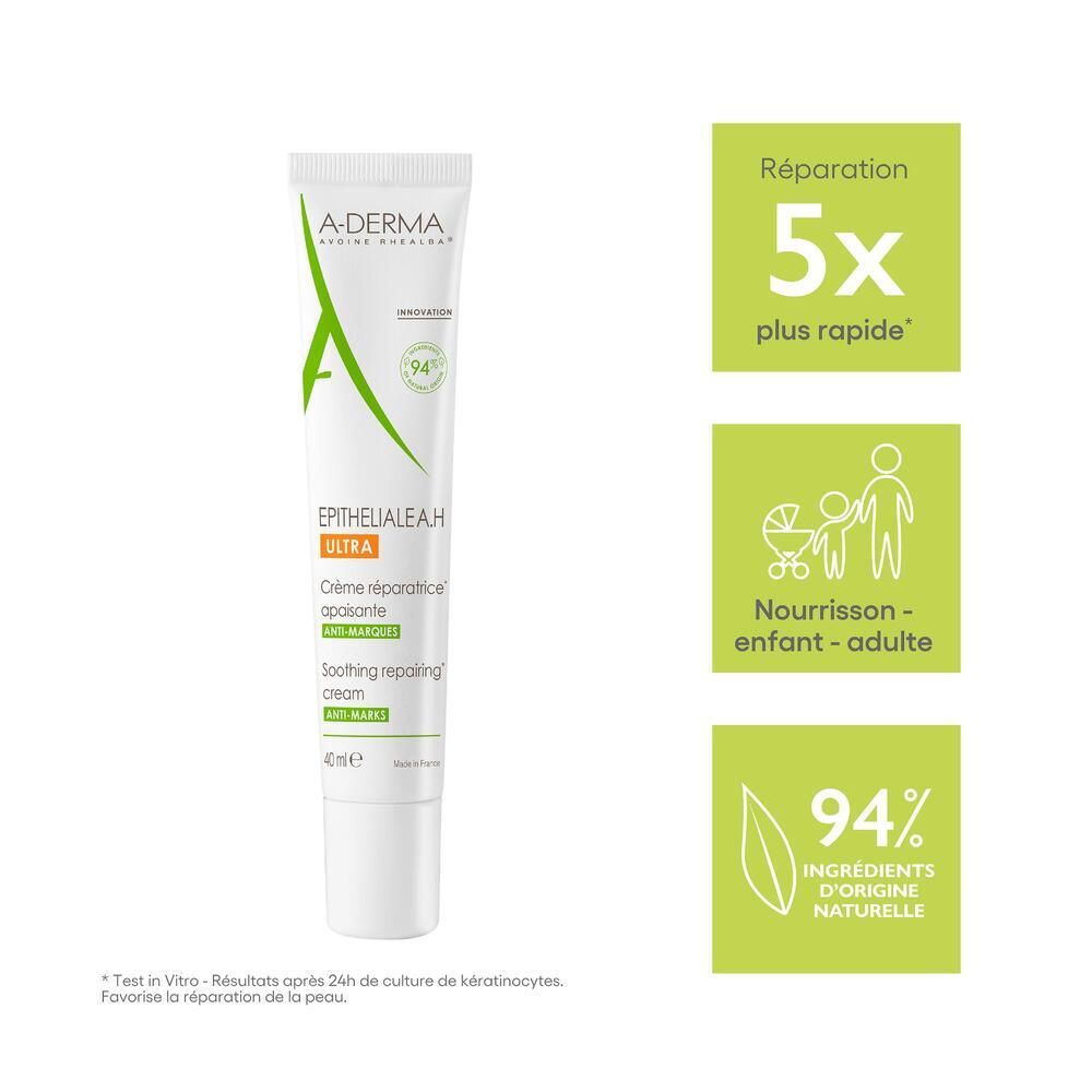 Tube de crème avec nom et logo du produit. Contient 40ml. Graphiques supplémentaires montrent les avantages et la cible.