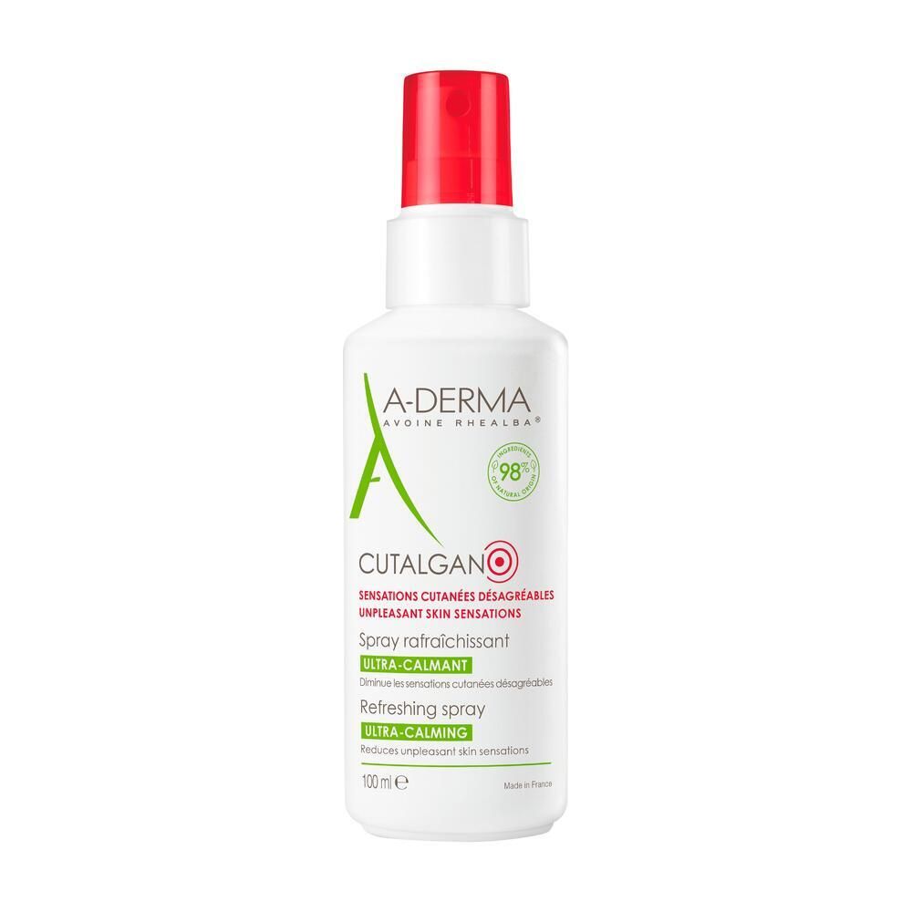Flacon blanc avec bouchon rouge. A-DERMA CUTALGAN ULTRA-CALMING Spray rafraîchissant. Texte et logo.