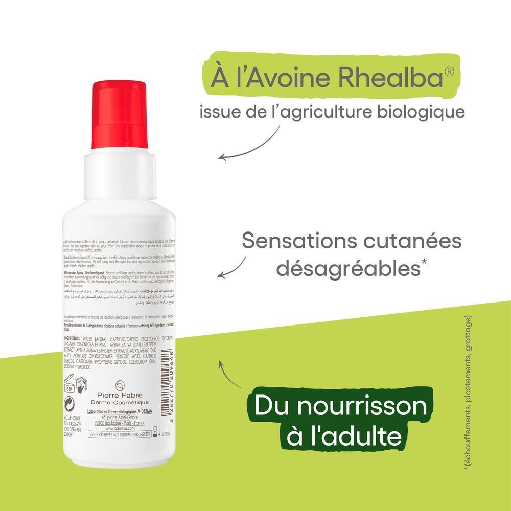 Dos du flacon. Texte avec flèches. Avoine Rhealba issue de l'agriculture biologique. De bébé à adulte.