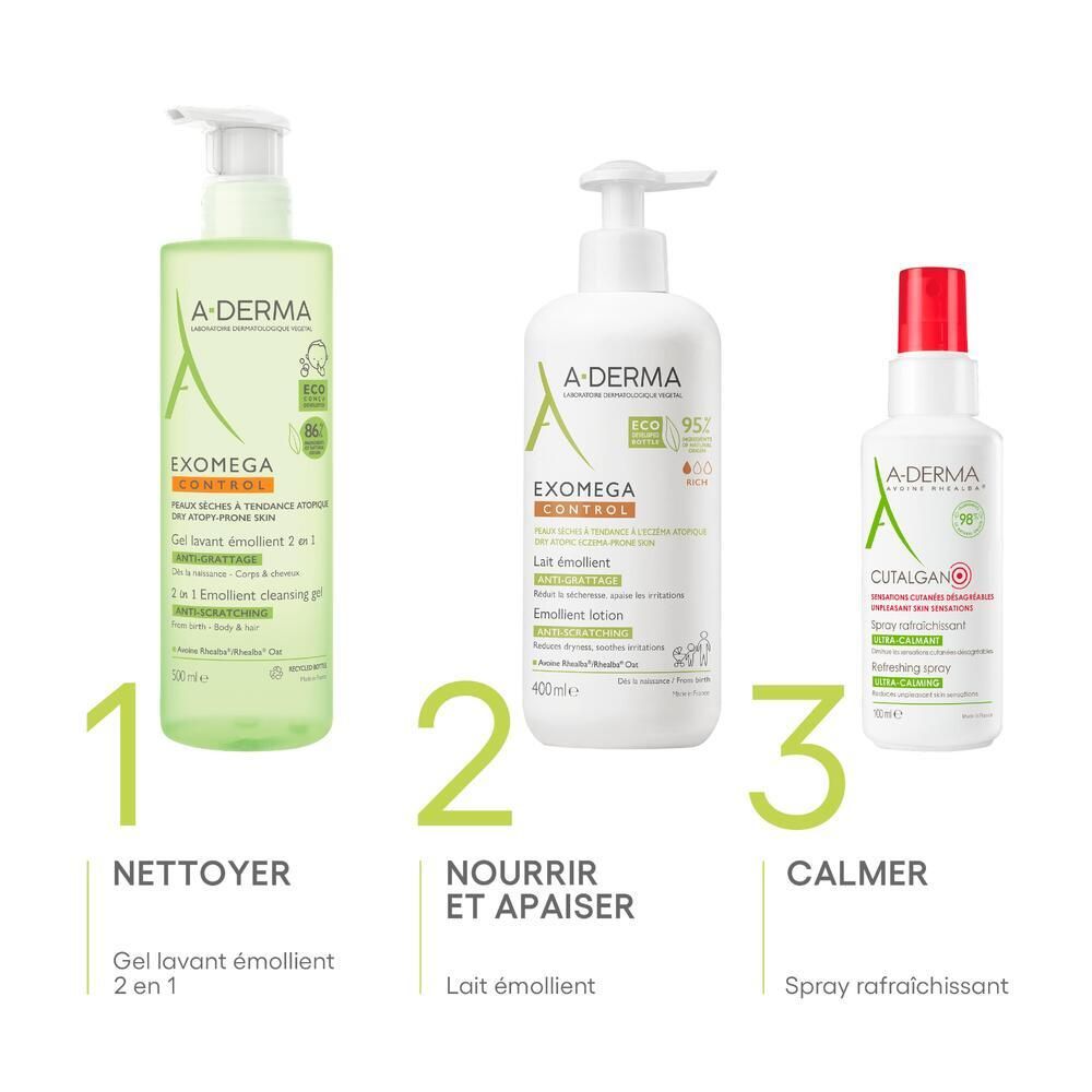 Trois produits A-DERMA. Nettoyer, nourrir et apaiser. Gel, lotion et spray.
