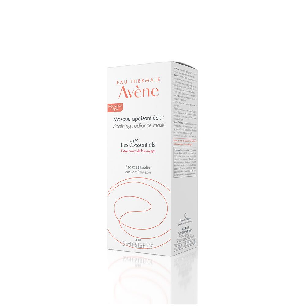 Boîte blanche avec texte rouge : Eau Thermale Avène, Masque. Pour peaux sensibles. 50 ml.