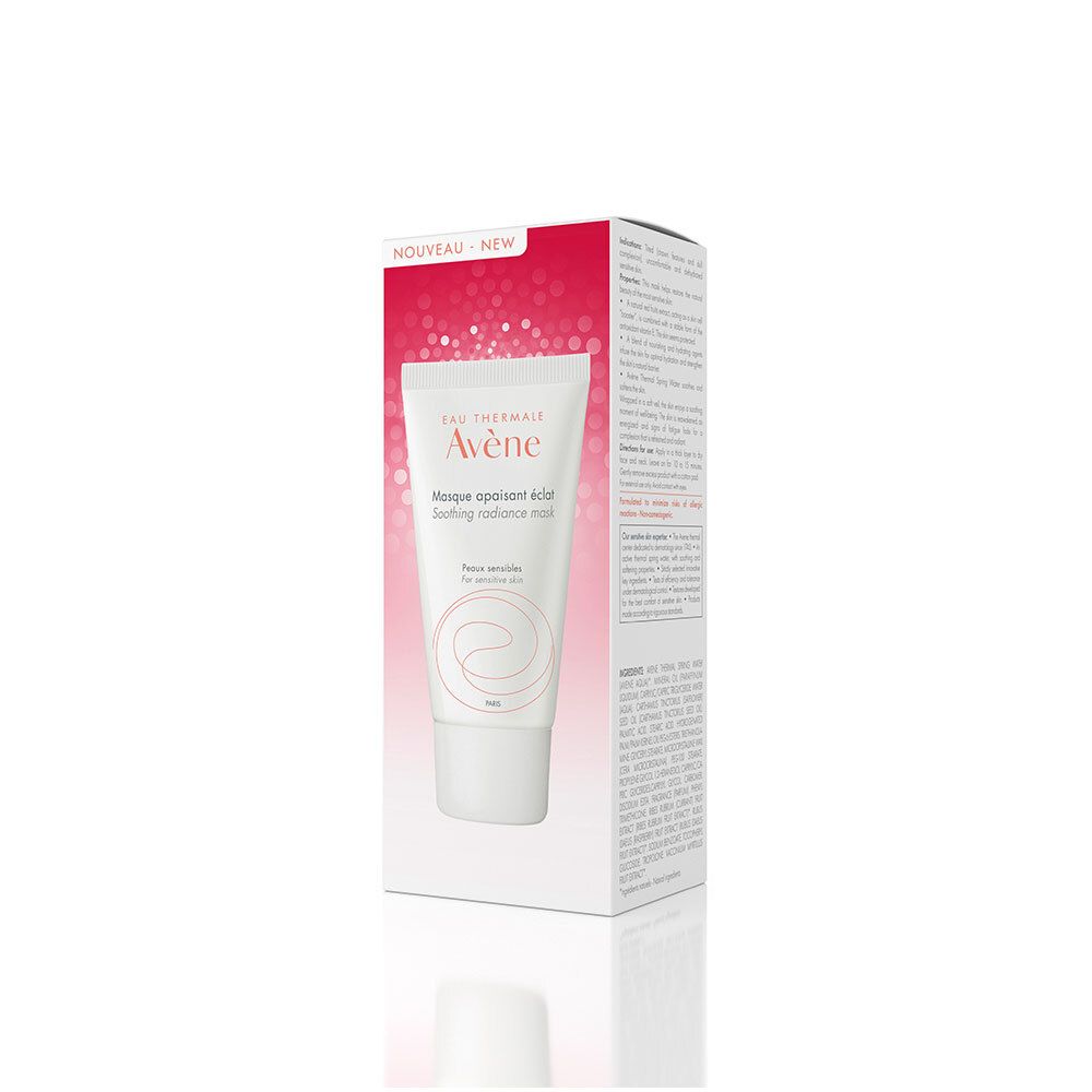 Boîte blanche avec texte rouge : Eau Thermale Avène, Masque. Nouveau. Pour peaux sensibles.