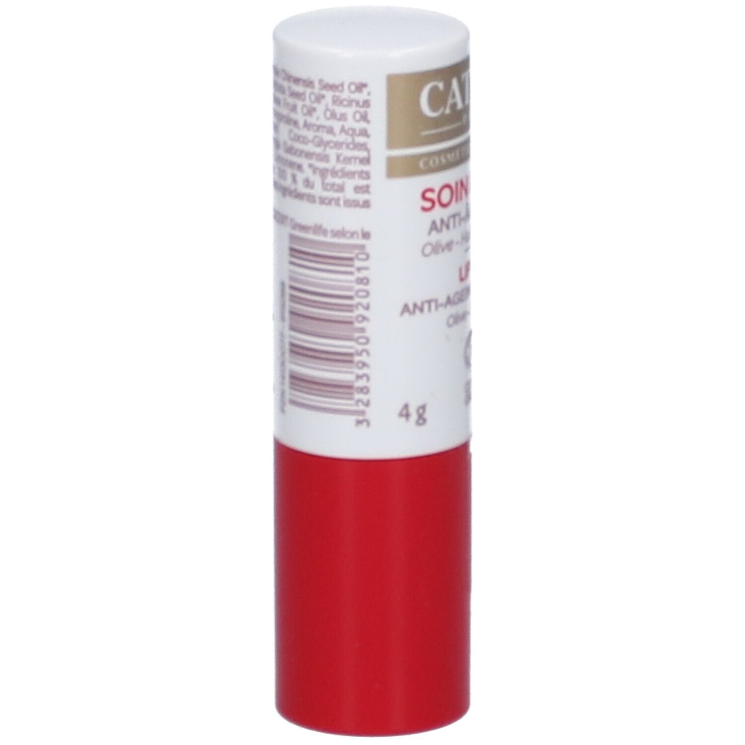 Stick lèvres rouge et blanc. Ingrédients, 4g. Code-barres. Marque CATTIER.