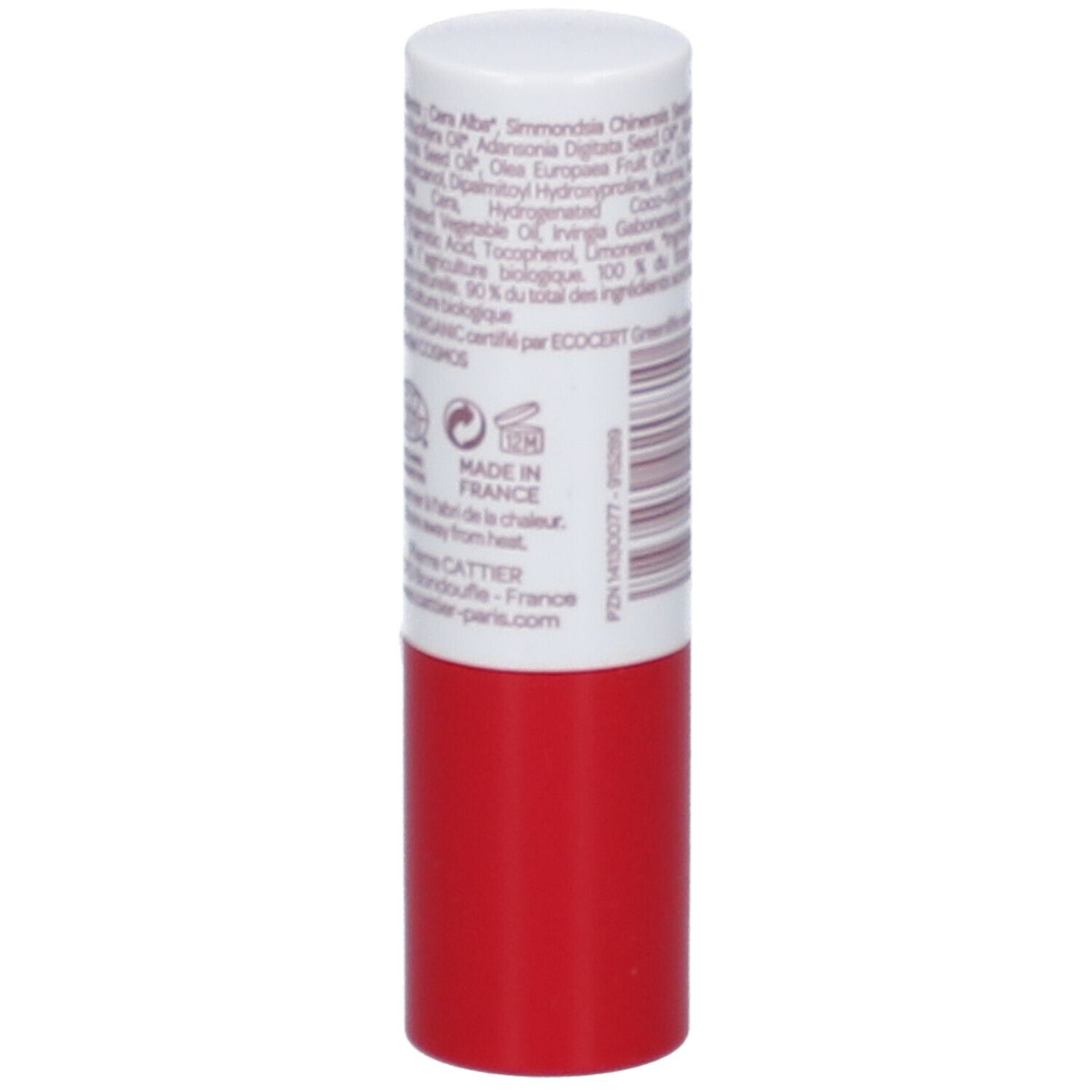 Stick lèvres rouge et blanc. Ingrédients, Fabriqué en France. Code-barres.