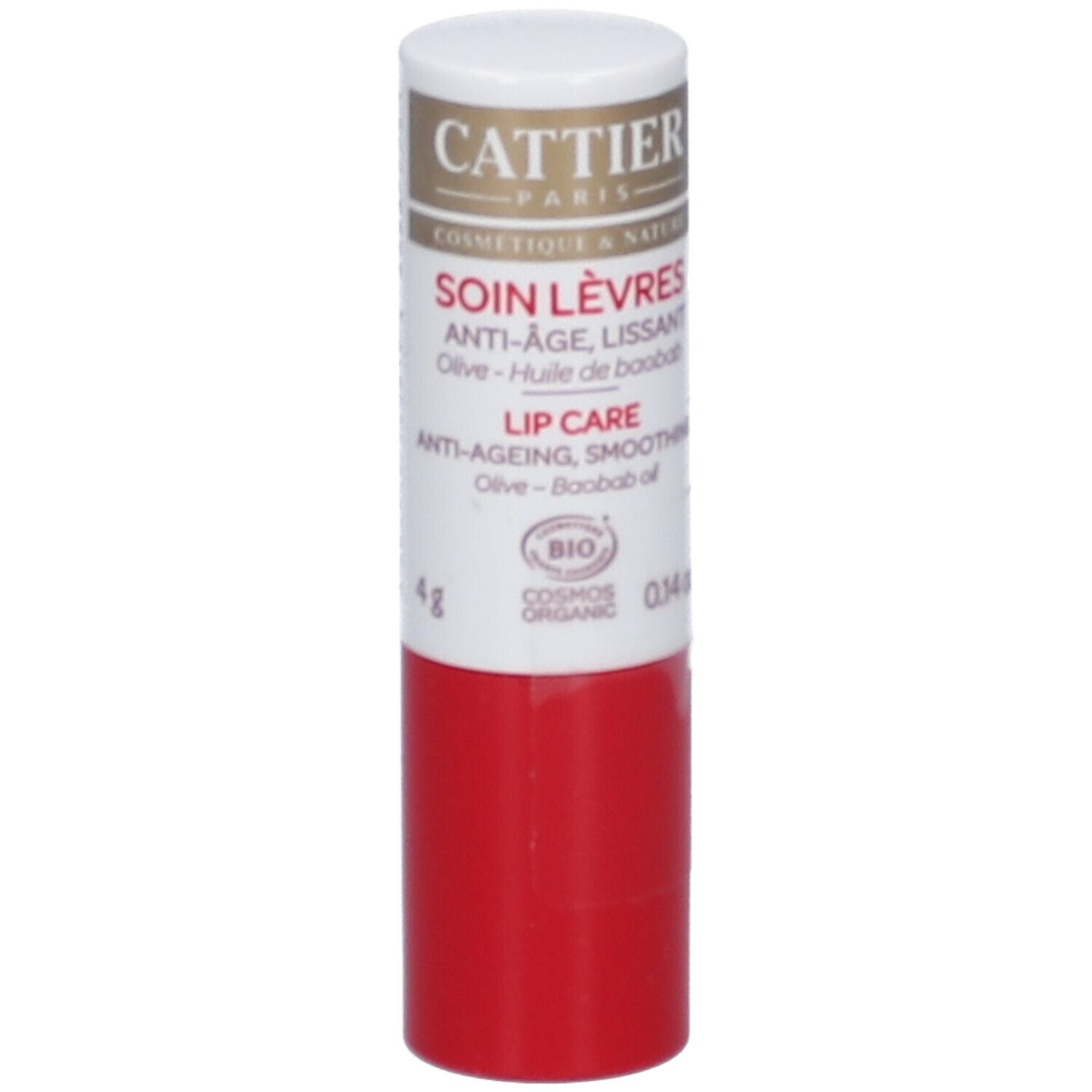 Stick lèvres rouge et blanc. Texte: CATTIER, Soin Lèvres, Anti-Âge, 4g, BIO.