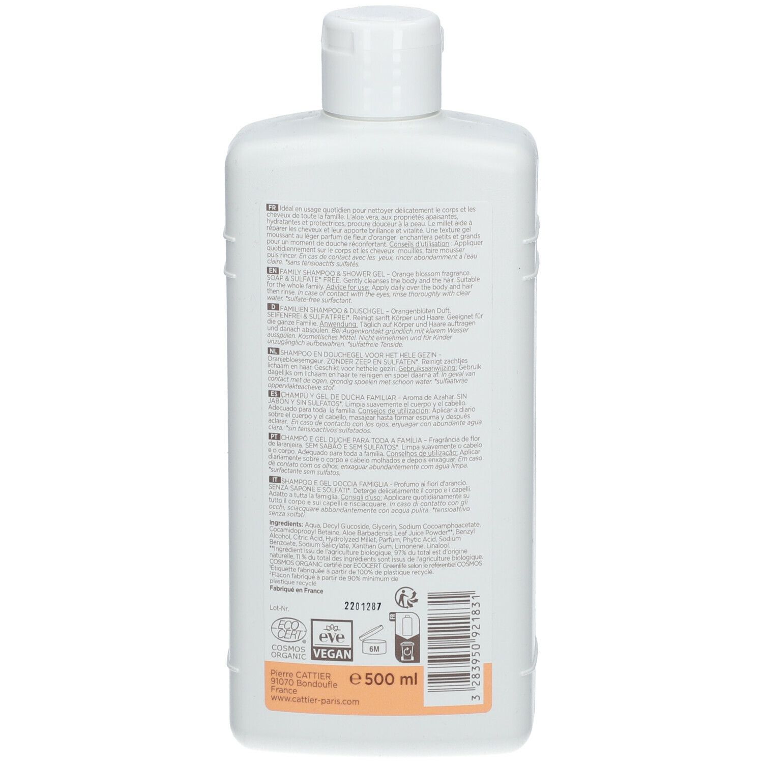 Dos du flacon blanc. Texte multilingue. Certification Bio, logo Vegan, indication de recyclage et code-barres.
