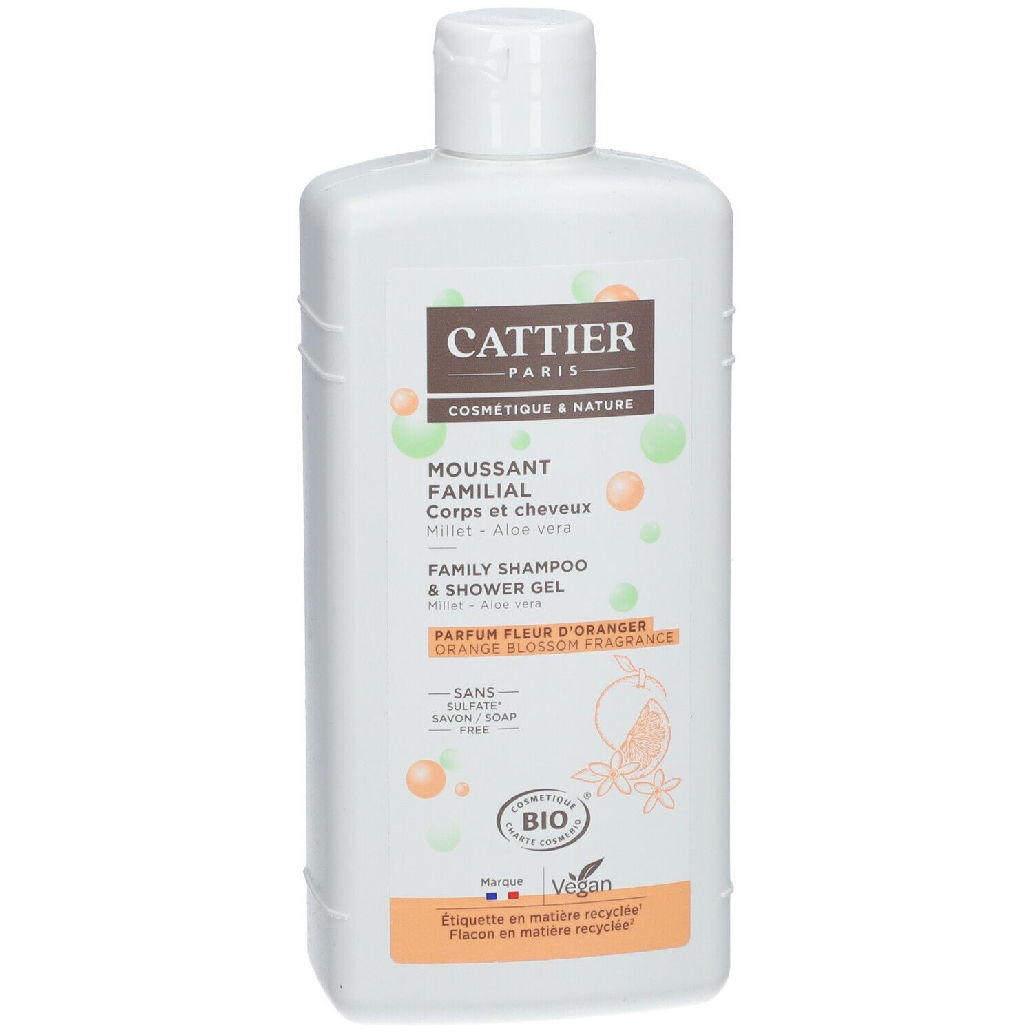 Flacon blanc avec étiquette produit. Inscription: CATTIER PARIS, MOUSSANT FAMILIAL, Family Shampoo & Shower Gel. Certification Bio.