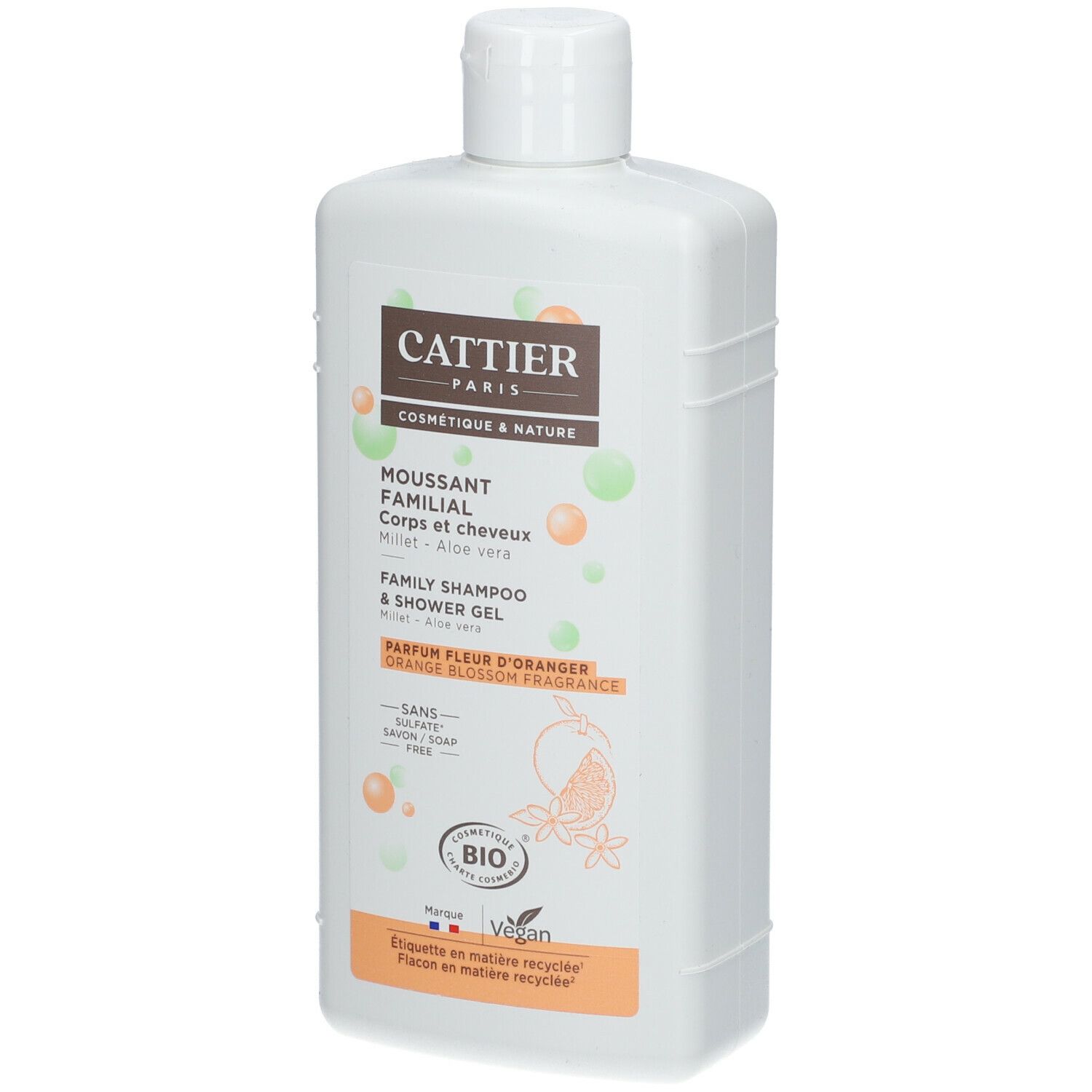 Flacon blanc avec étiquette produit. Inscription: CATTIER PARIS, MOUSSANT FAMILIAL, Family Shampoo & Shower Gel. Certification Bio.