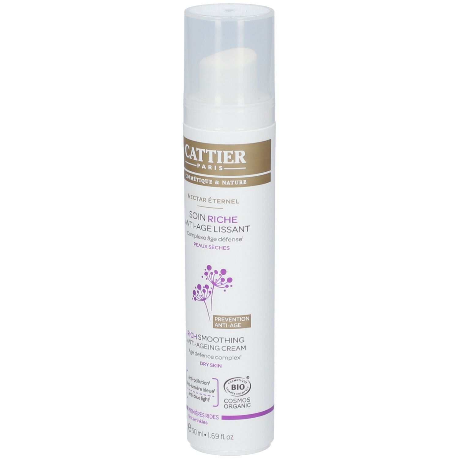 Weiße Flasche mit Pumpe. Aufschrift CATTIER, Nectar Eternel, Soin Riche Anti-Age Lissant. Bio-Siegel.