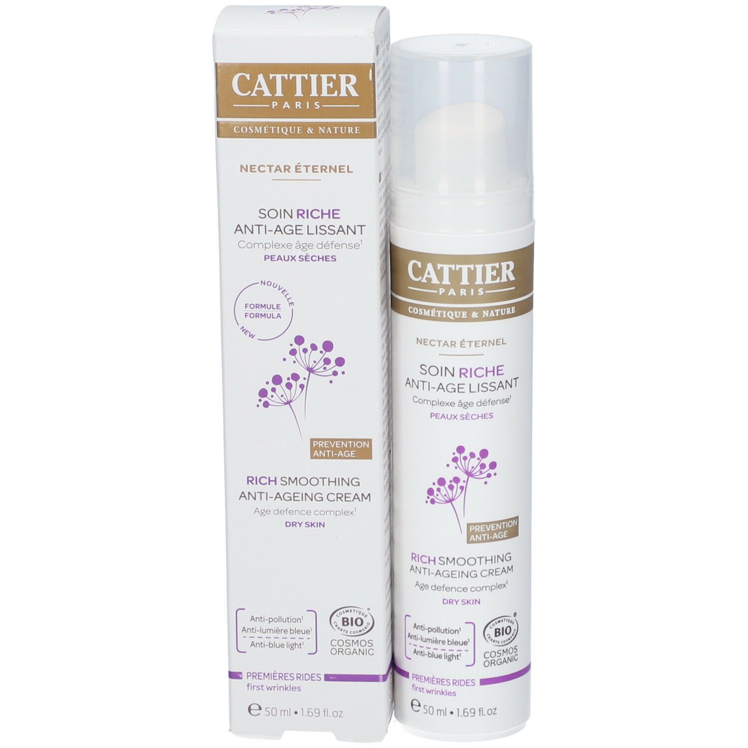 Produktflasche und Verpackung. Aufschrift CATTIER, Nectar Eternel, Soin Riche Anti-Age Lissant. Bio-Siegel.