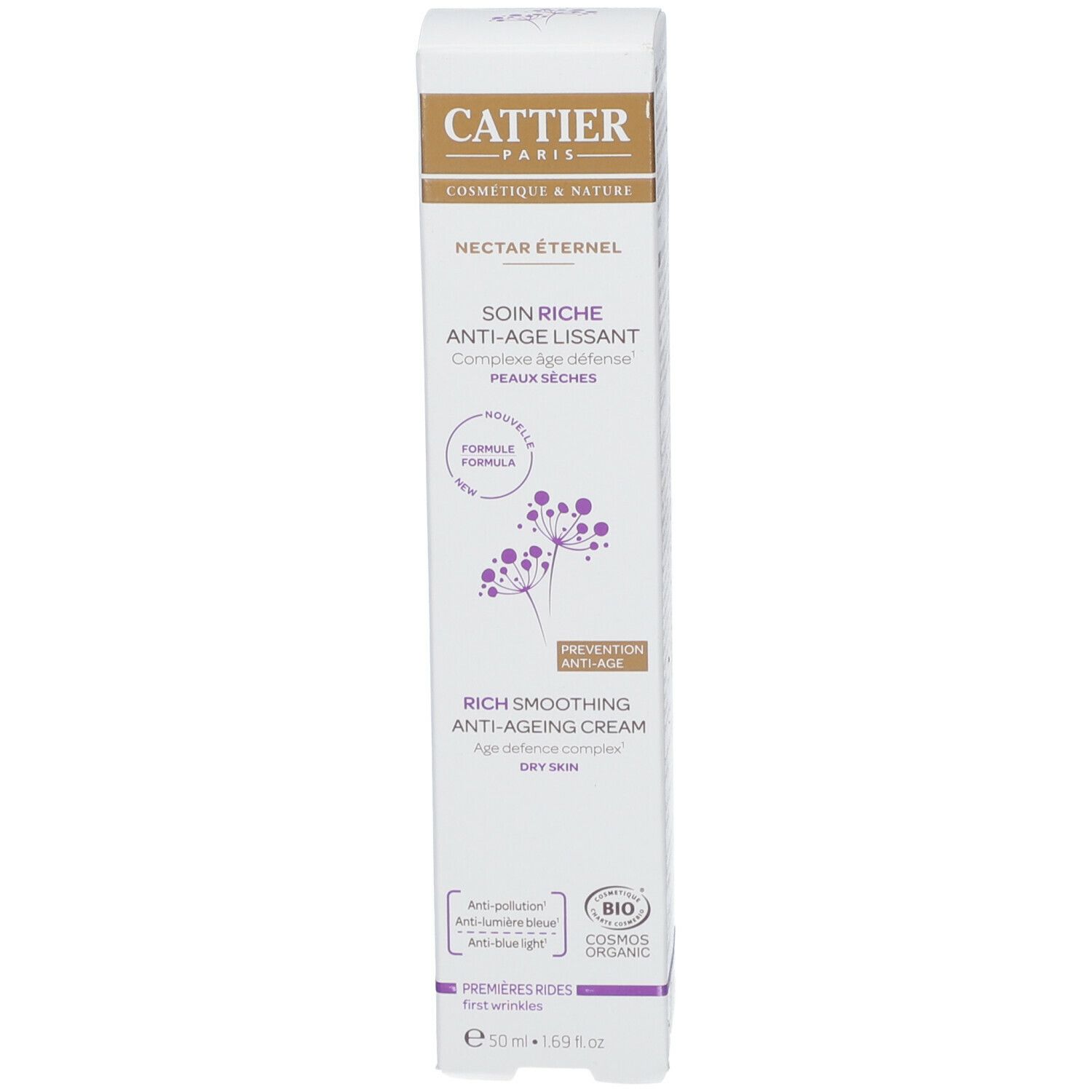Produktverpackung. Aufschrift CATTIER, Nectar Eternel, Soin Riche Anti-Age Lissant. Bio-Siegel.