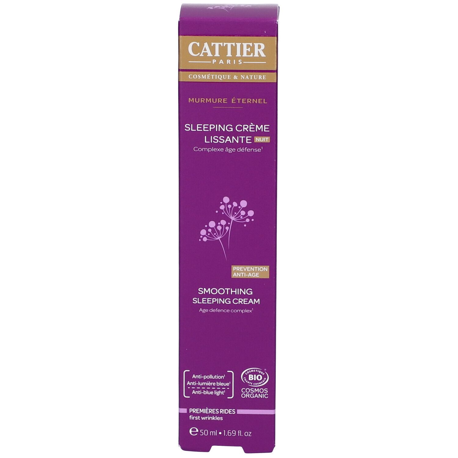 Cattier Paris crèmeverpakking. Paarse doos met opschrift: Sleeping Crème Lissante.