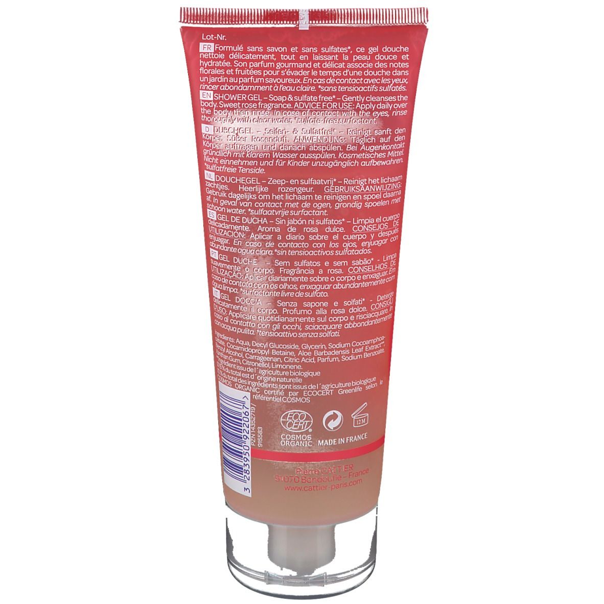 Rosa-Duschgel-Tube. Rote und beige Farbgebung. Transparenter Standfuß. Text in mehreren Sprachen. Ecocert-Logo.