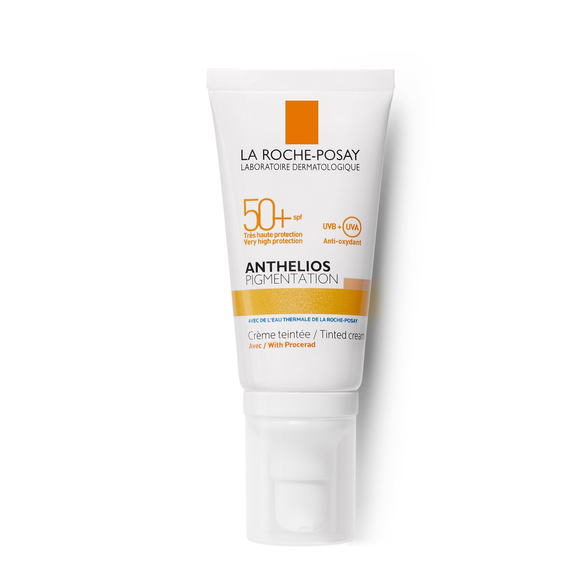 Weiße Tube mit getönter Sonnencreme. SPF 50+. Text: ANTHELIOS PIGMENTATION. Farbiger Streifen.