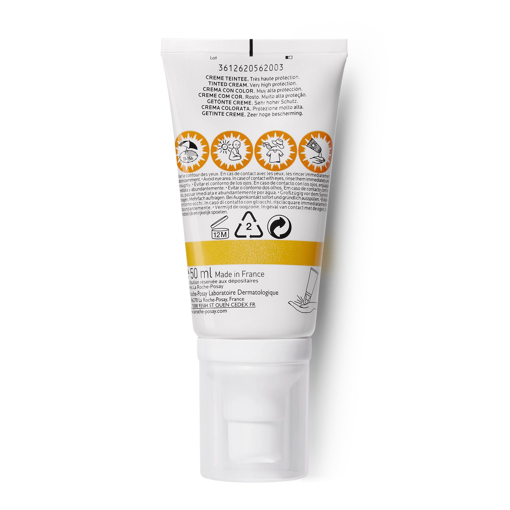 Rückseite der Tube. Text: Creme teintée. Informationen zu Inhaltsstoffen und Anwendung. Gelber Streifen.