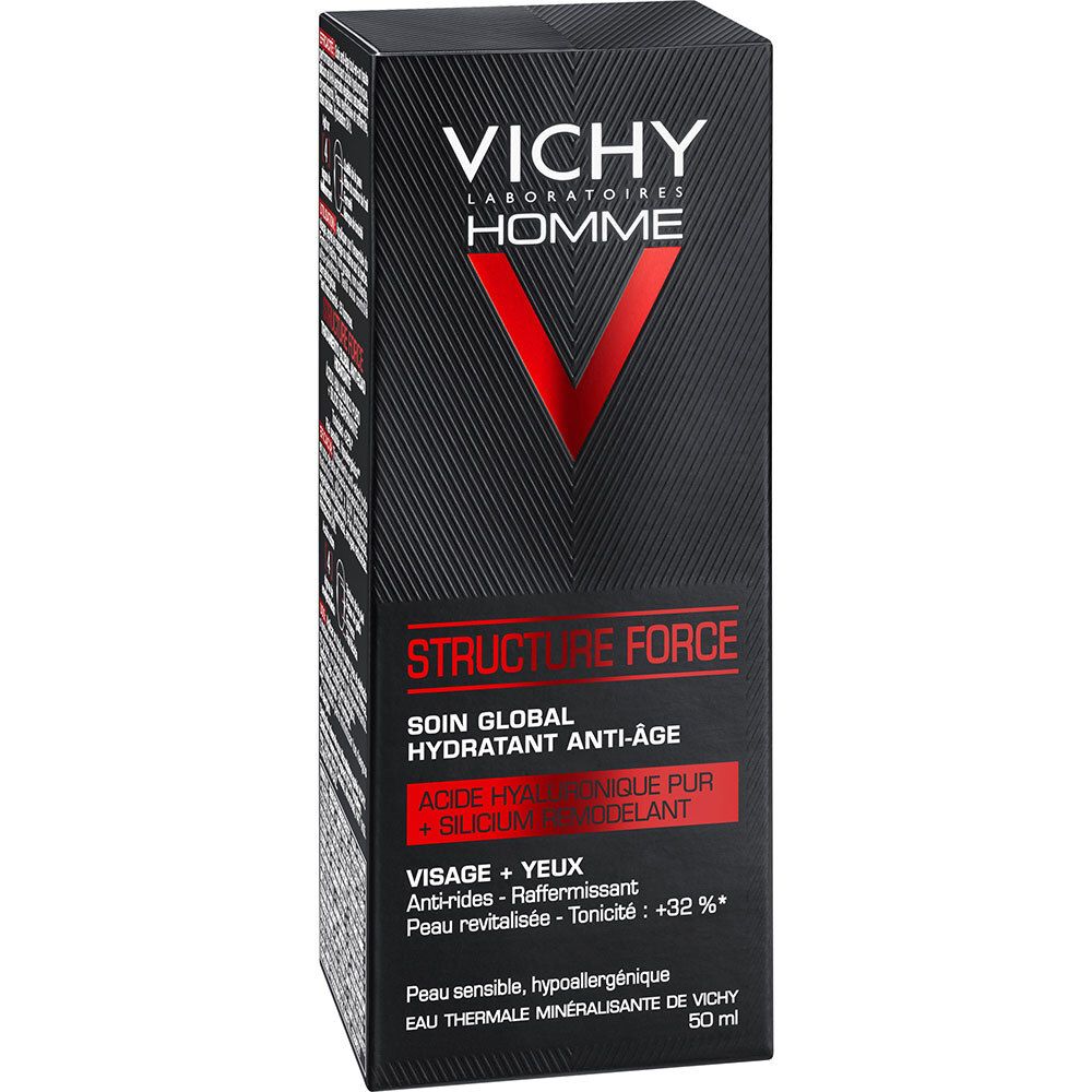 Schwarzer Karton mit VICHY Homme, rotem V und Text. Produktname: Structure Force. 50 ml.