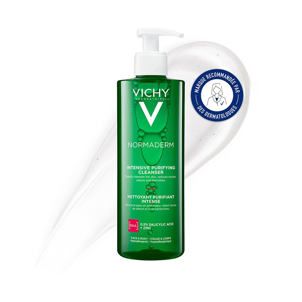 Grüne Flasche mit weißem Pumpverschluss. Aufschrift: VICHY, Normaderm. Mit Dermatologen-Siegel.