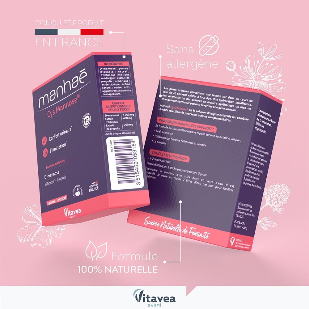 Paquets MANHAE Cys Mannose. Dos avec ingrédients et informations. Formule 100% naturelle. Fabriqué en France.