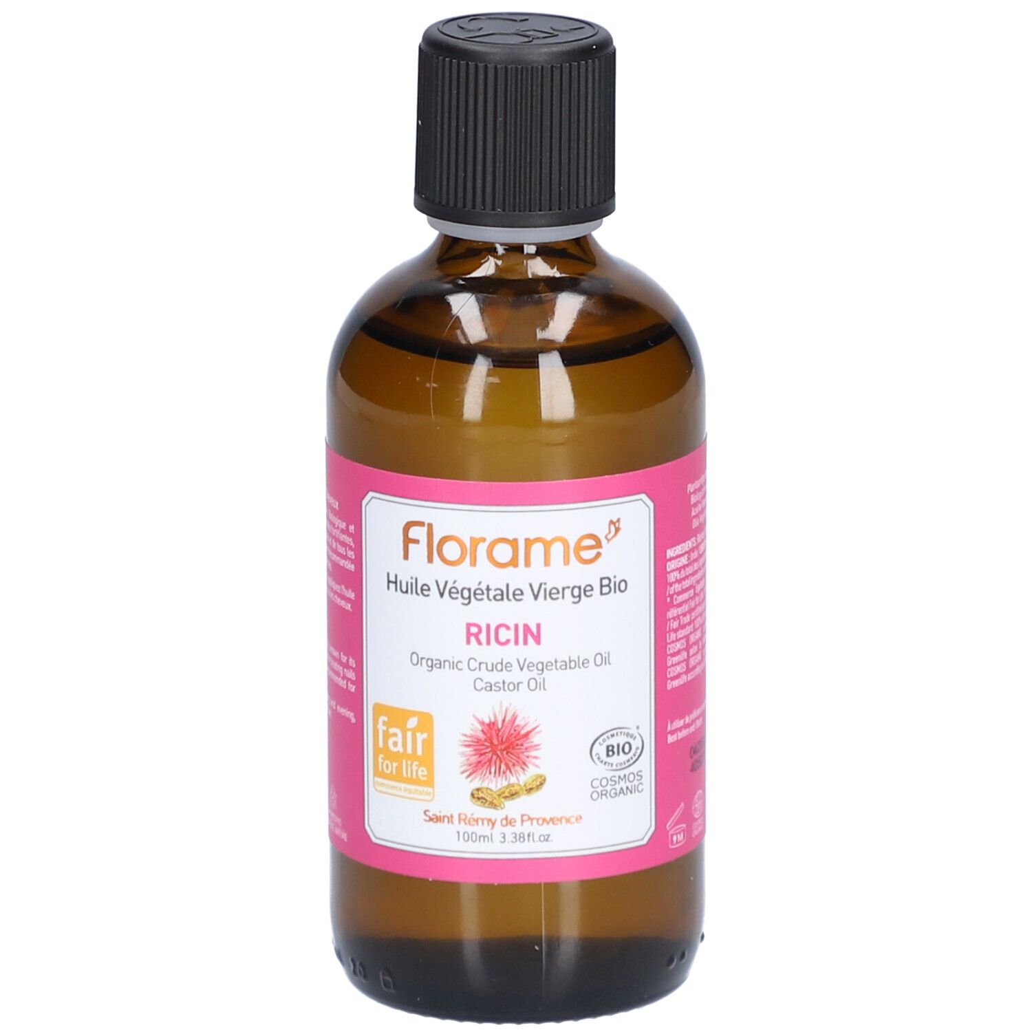 Flacon en verre brun avec bouchon noir et étiquette rose. L'étiquette indique "Florame" et "Ricin".