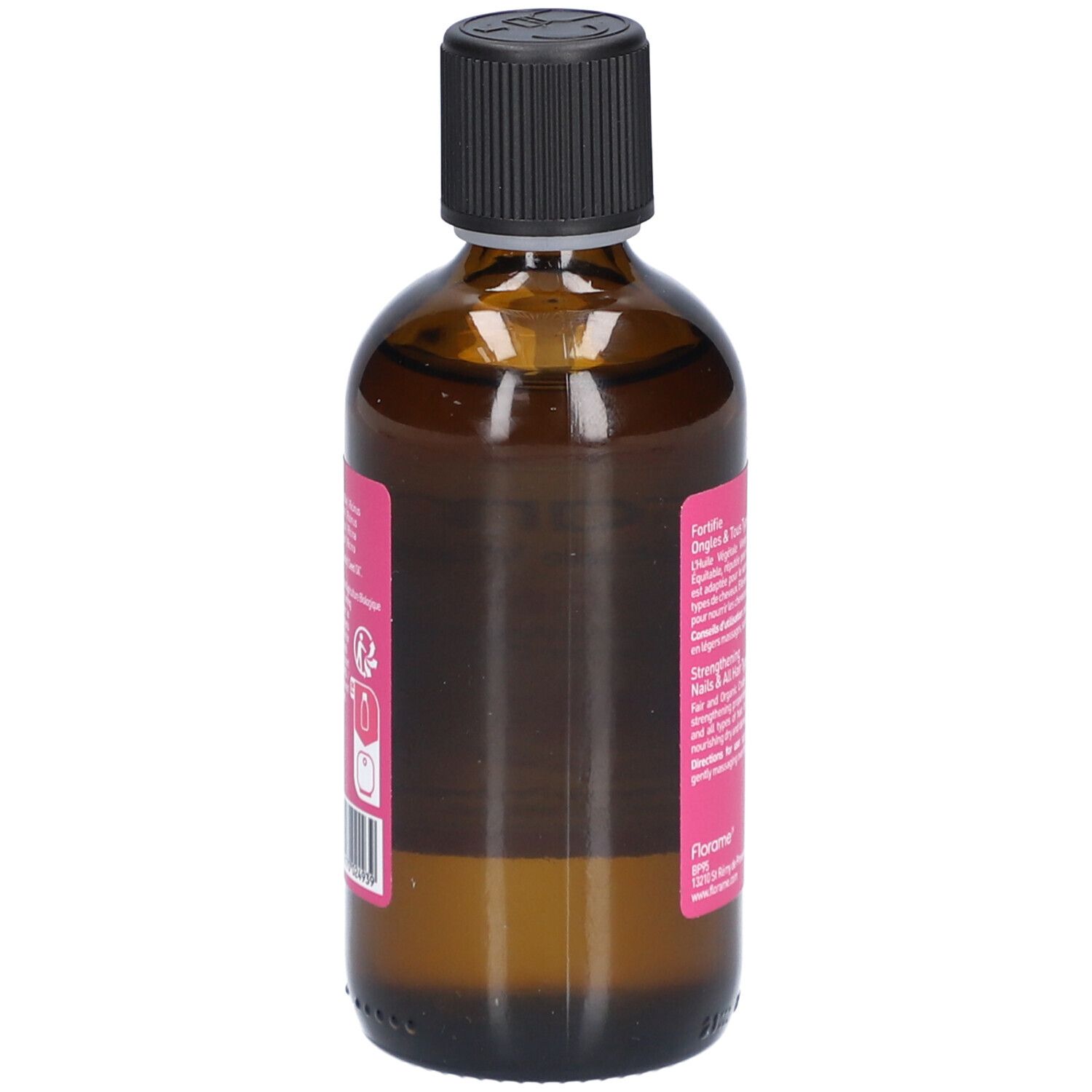 Flacon en verre brun avec bouchon noir et étiquette rose. Étiquette avec texte et logos, dont "BIO COSMOS ORGANIC".