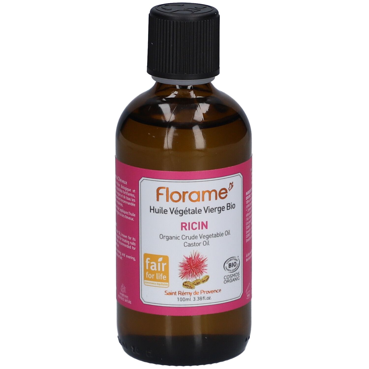 Flacon en verre brun avec bouchon noir et étiquette rose. L'étiquette indique "Florame" et "Ricin".