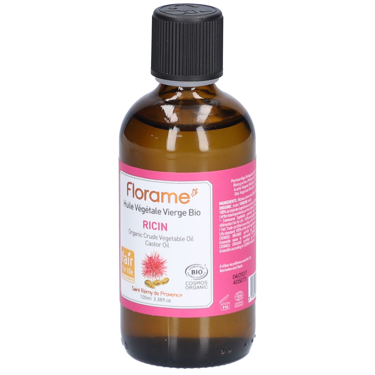 Flacon en verre brun avec bouchon noir et étiquette rose. L'étiquette indique "Florame" et "Ricin".