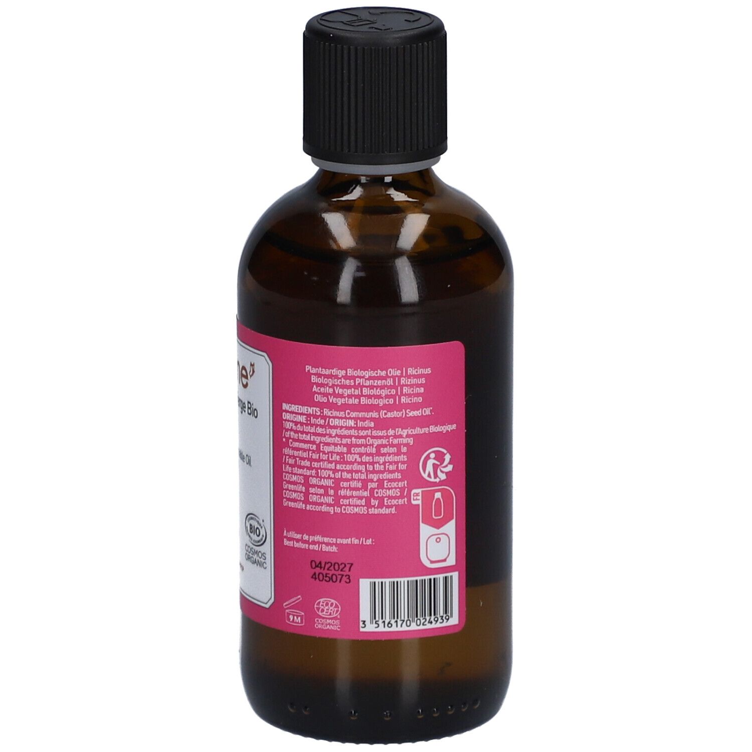 Flacon en verre brun avec bouchon noir et étiquette rose. Étiquette avec texte et logos, dont "BIO COSMOS ORGANIC".
